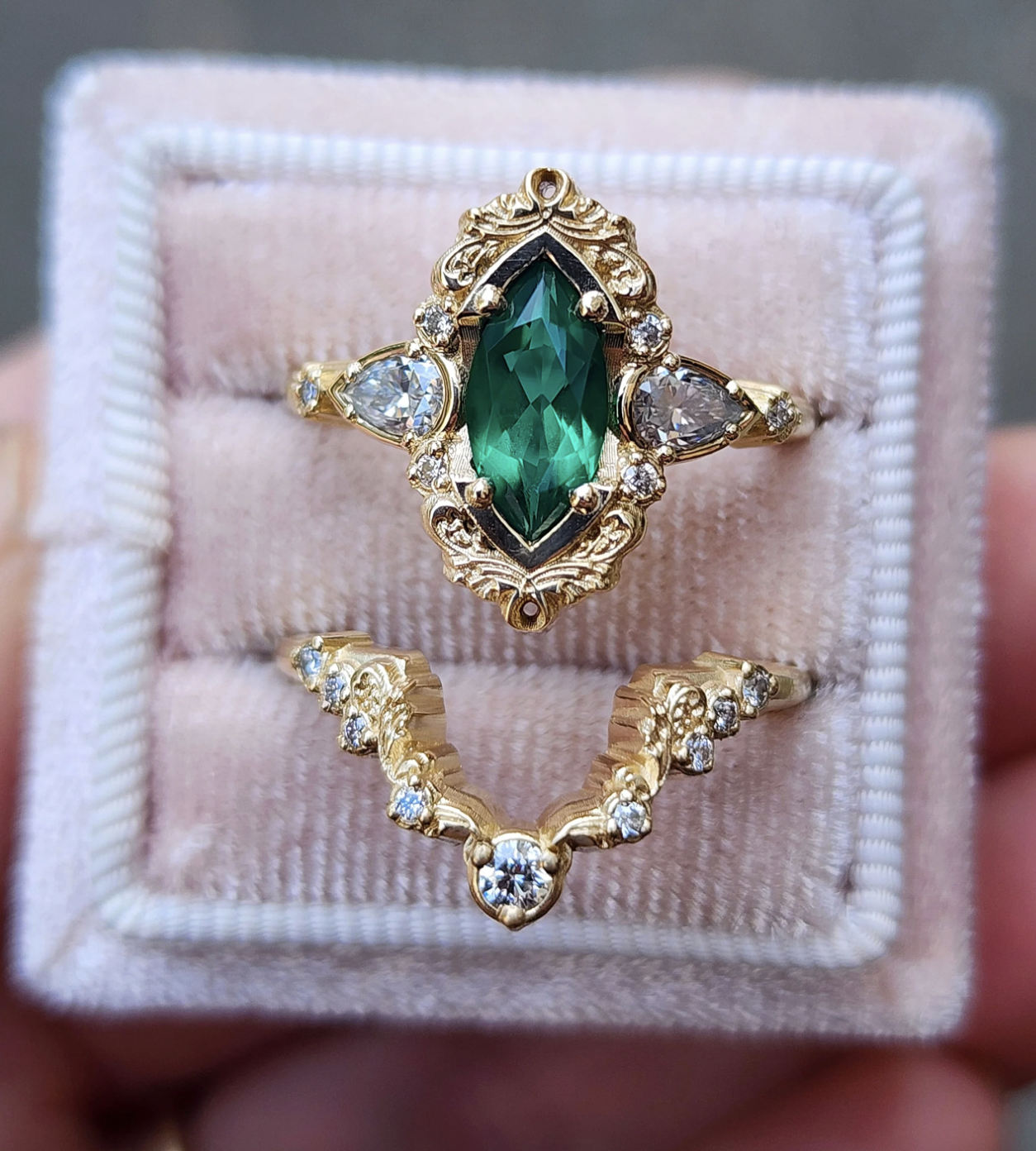 Swank Metalsmithing Emerald Odette Chatham Marquise Engagement Ring Set with Scrolling Gold Filigree Details - 14k Gold Handcrafted Wedding Ring Set