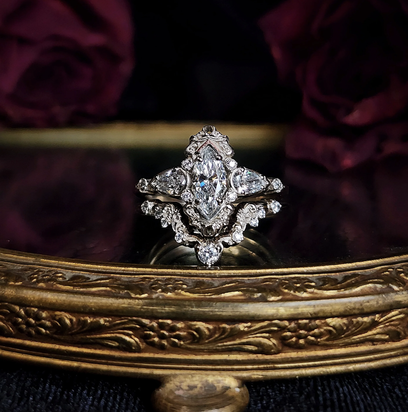 Swank Metalsmithing Emerald Odette Chatham Marquise Engagement Ring Set with Scrolling Gold Filigree Details - 14k Gold Handcrafted Wedding Ring Set