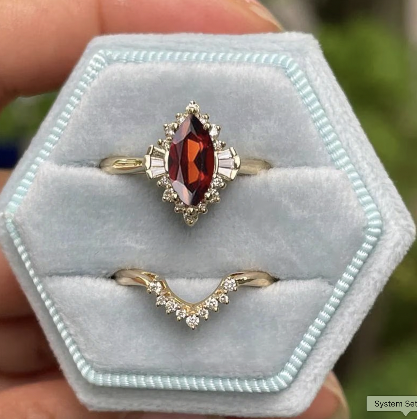 TMD Jewelry Creations (via Etsy) Art Deco Marquise Garnet Engagement Ring Set
