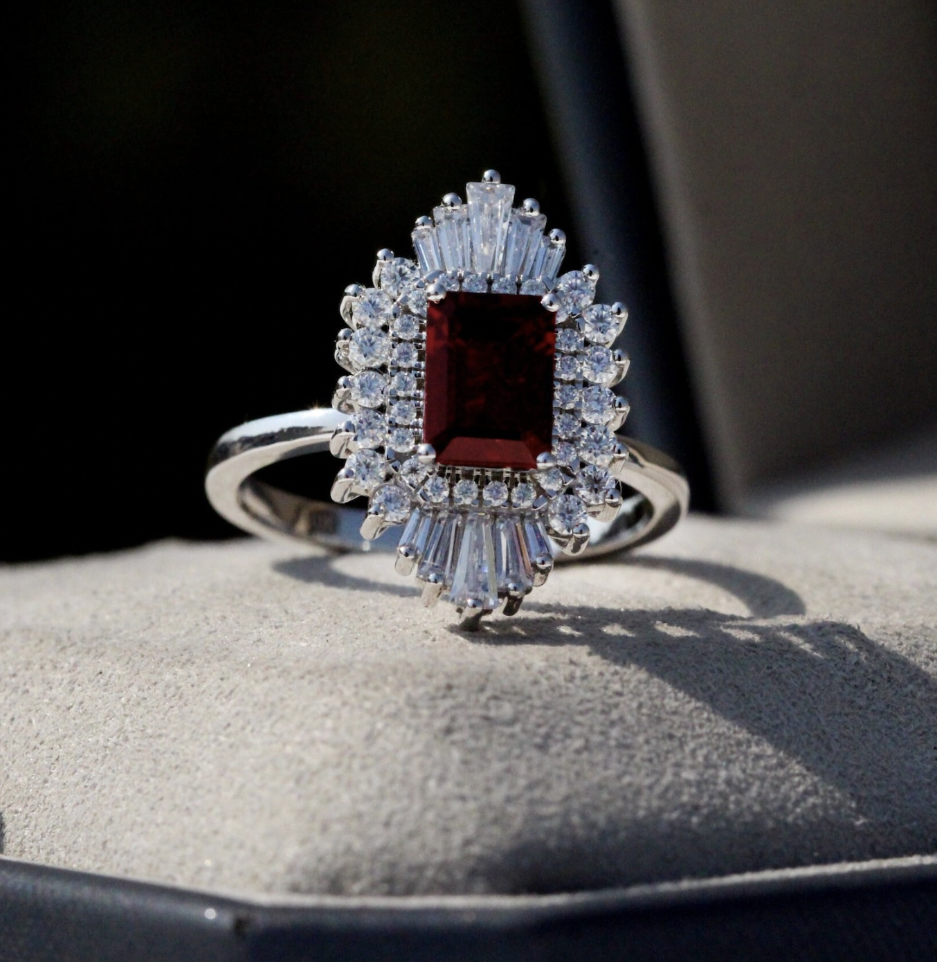 Moaana Jewel (via Etsy) Emerald Cut Red Garnet Art Deco Ring