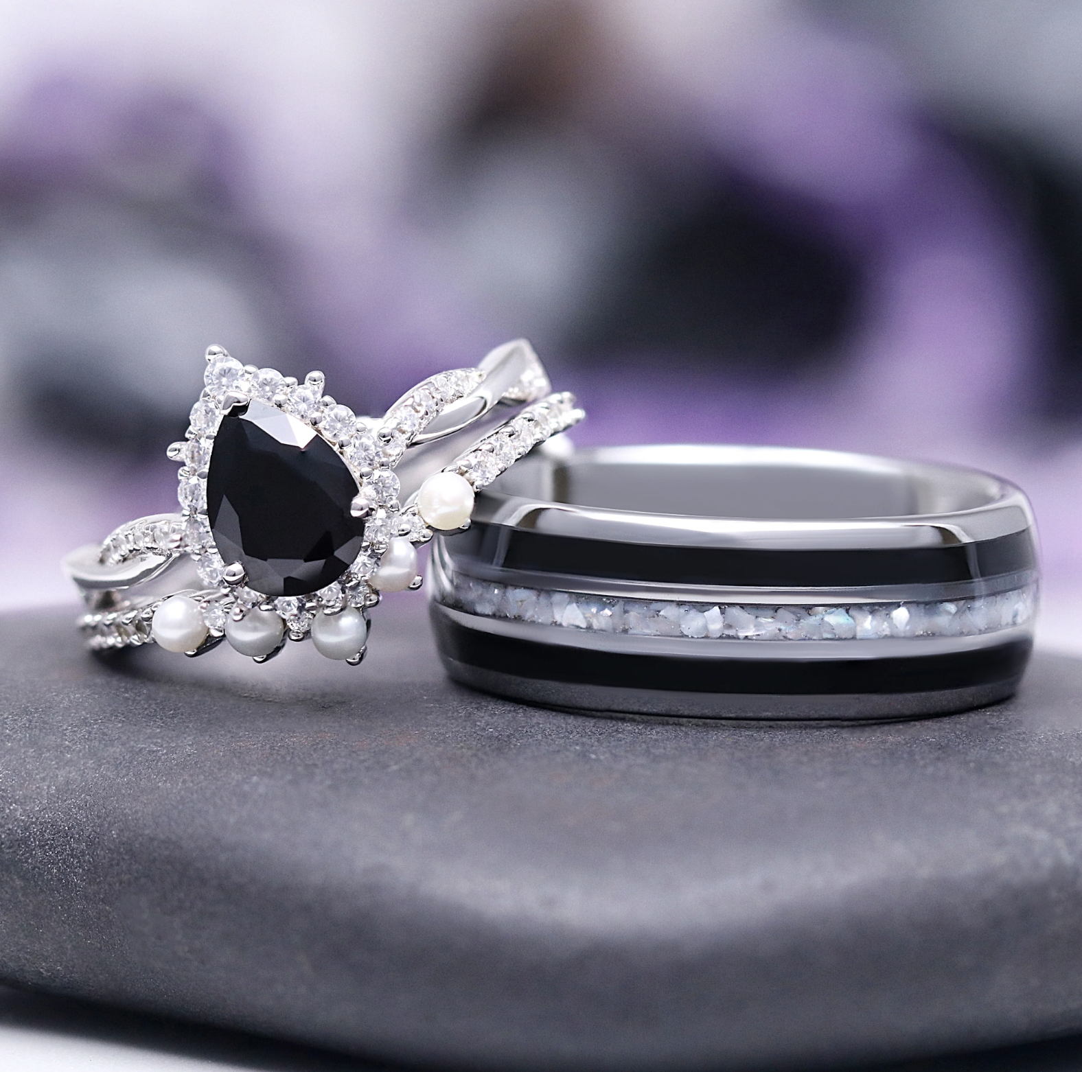 Aquamarise Briar Black Onyx &amp; Pearl Couples Ring Set