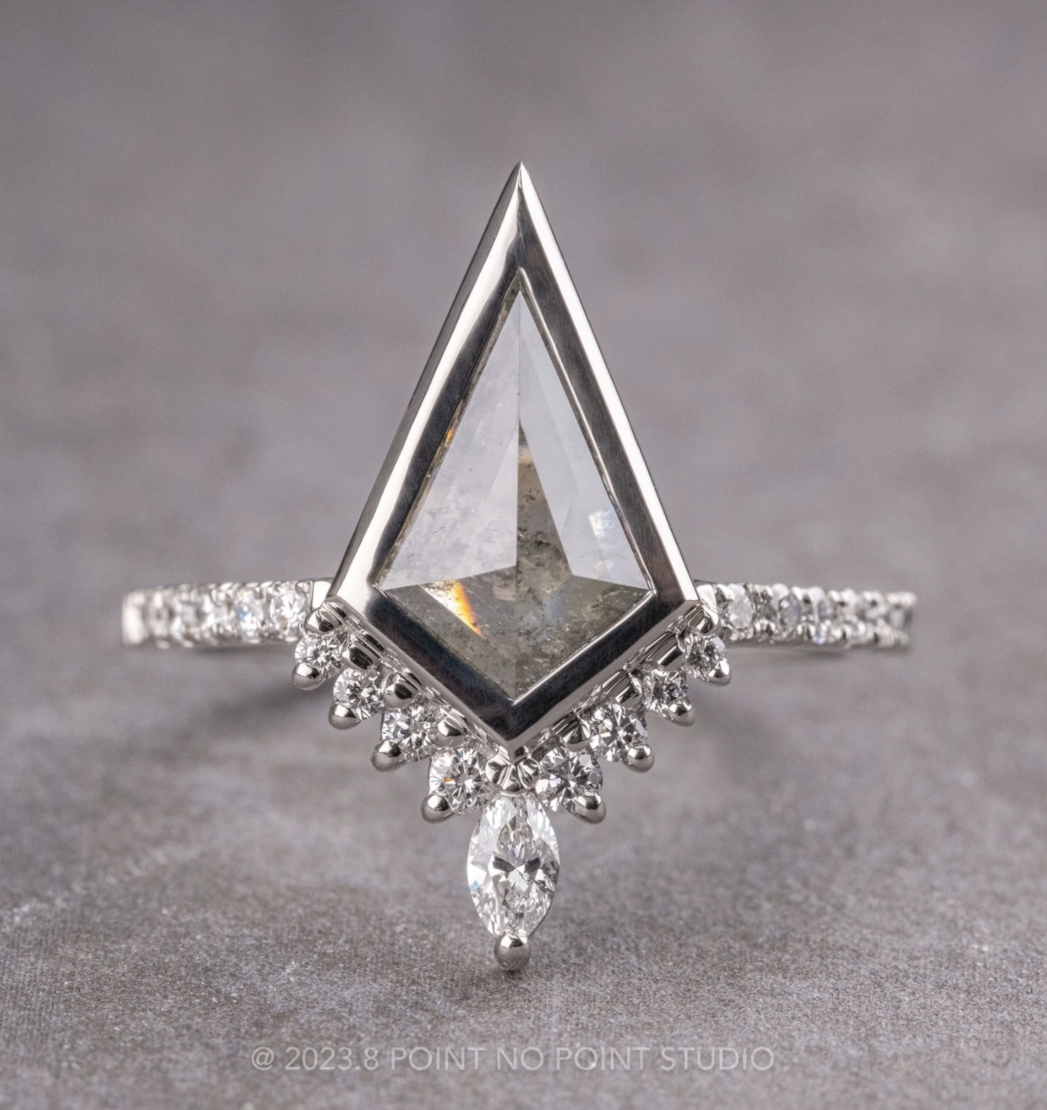 Point No Point Studio  Description 2.10 Carat Salt and Pepper Kite Diamond Engagement Ring, Bezel Avaline Setting, Platinum