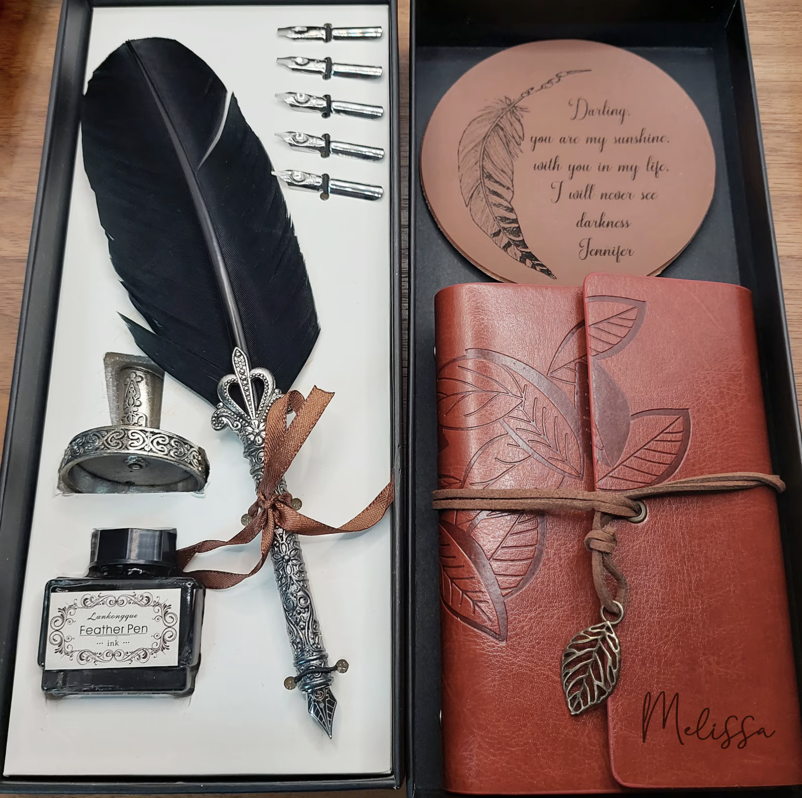 VJGiftStudio (via Etsy) Personalized Calligraphy Set / Quill Pen &amp; Journal and Feather Nib with Ink