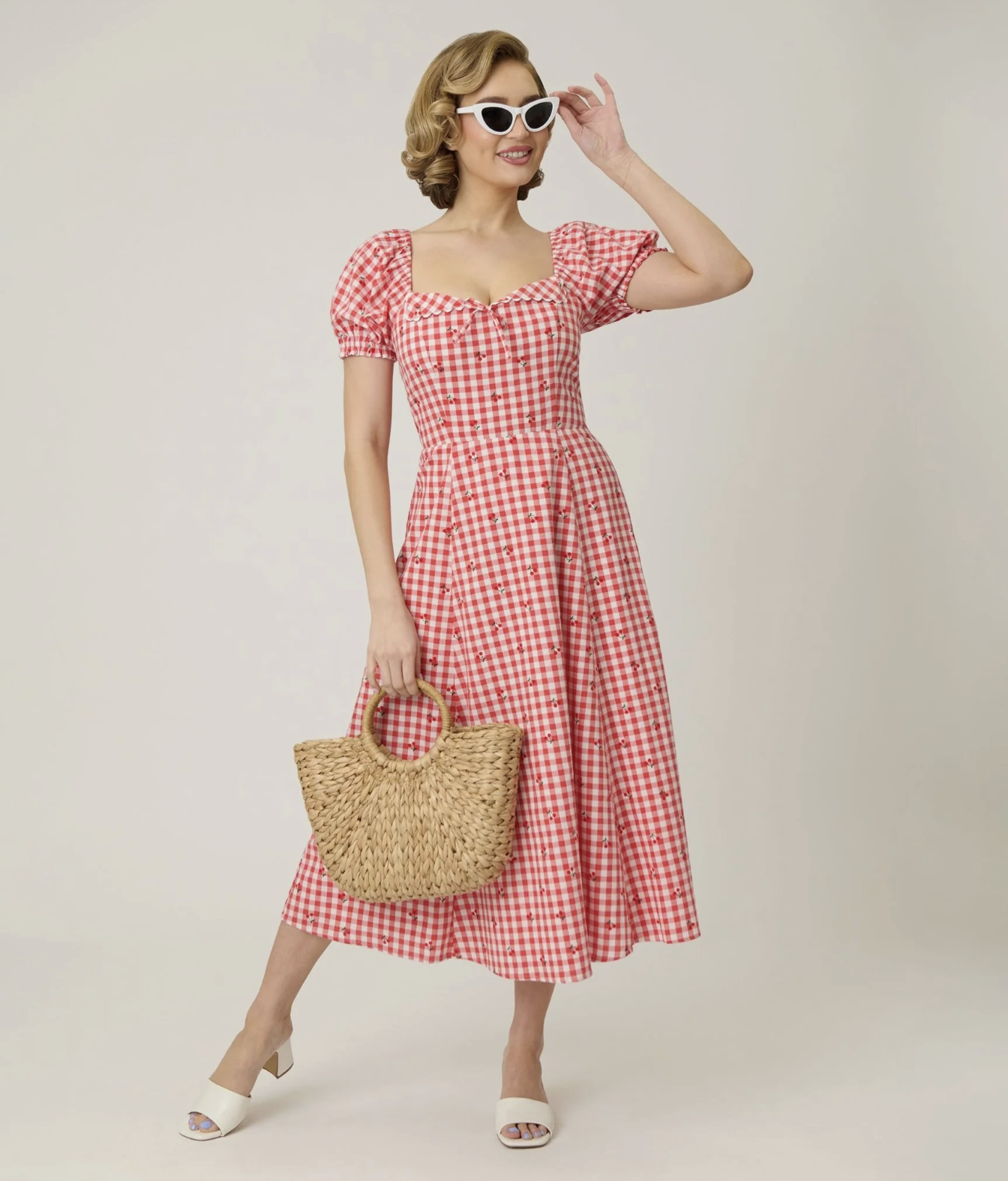 Unique Vintage Red Gingham &amp; Cherries Puff Sleeve Midi Dress
