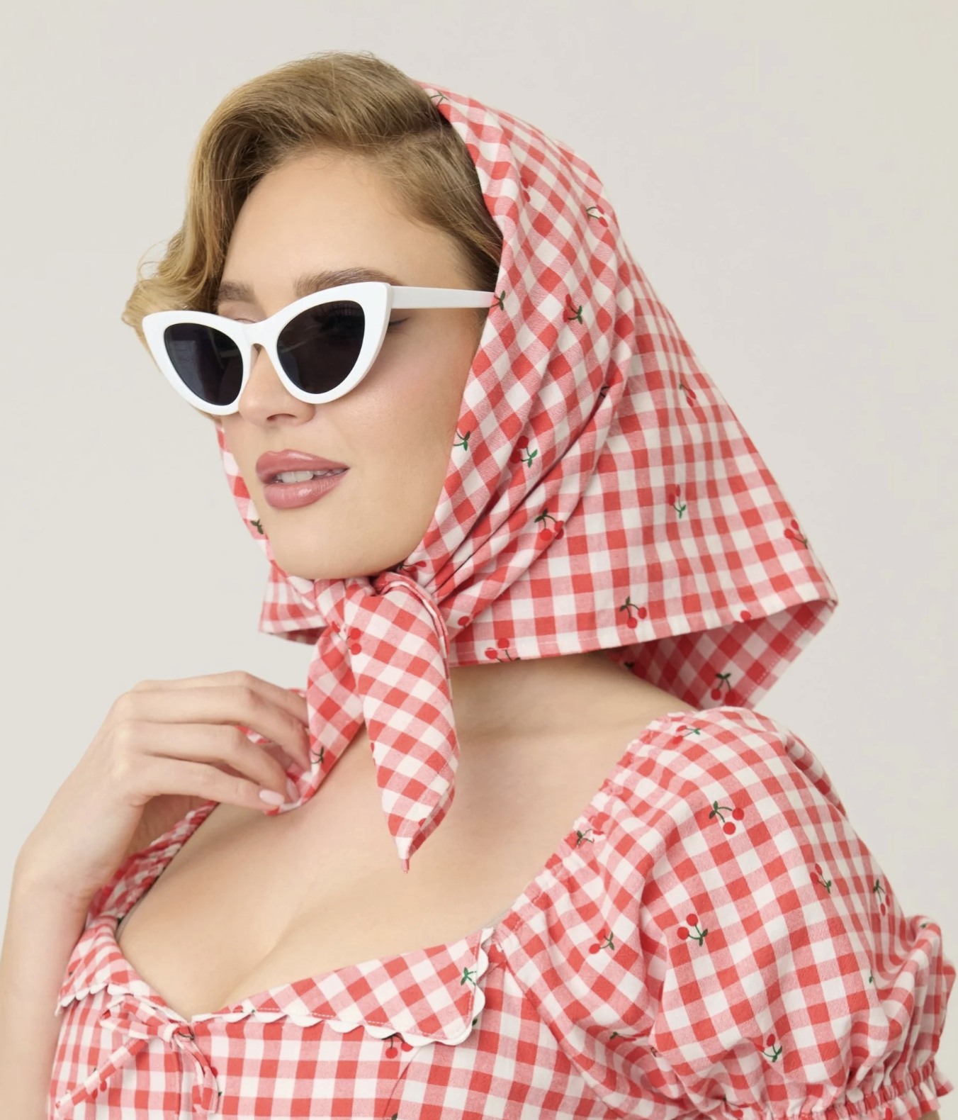 Unique Vintage Red Gingham &amp; Cherry Hair Scarf
