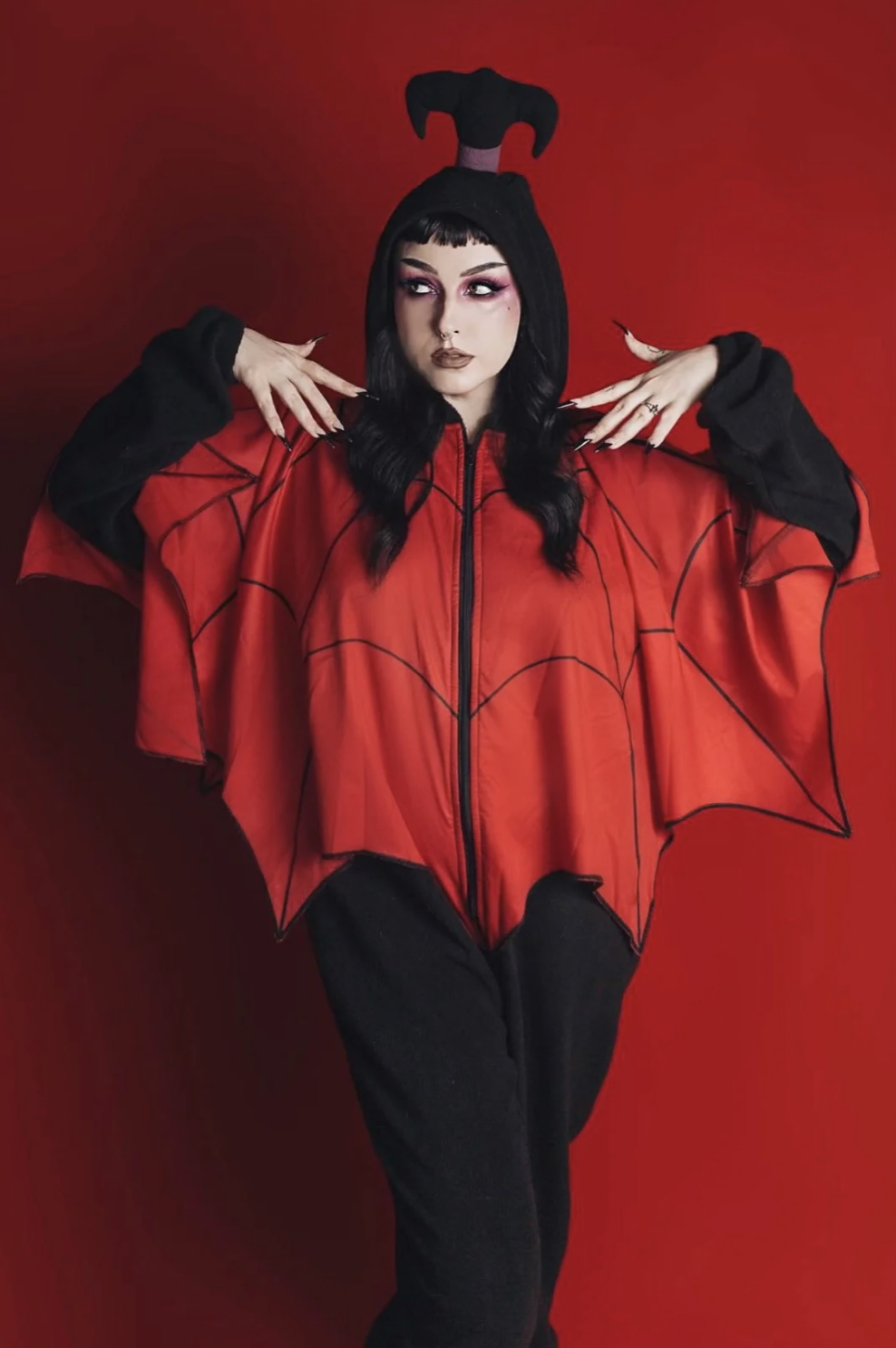 Weasel Wear Lydia Adult Onesie - Black Fleece Gothic Onesie with Red Spiderweb Poncho (Beetle-Inspired Edition)