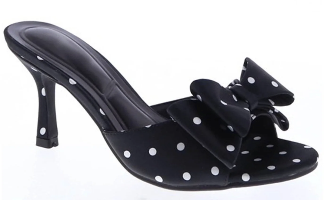 Unique Vintage Black Polka Dot Satin Peep Toe Kitten Heels