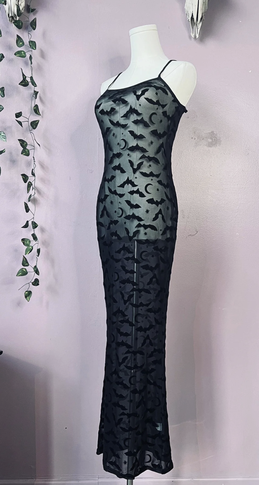 Witchwood Bags (via Elle Rebel) Sheer Hourglass Maxi Dress - Velvet Flocked Bats