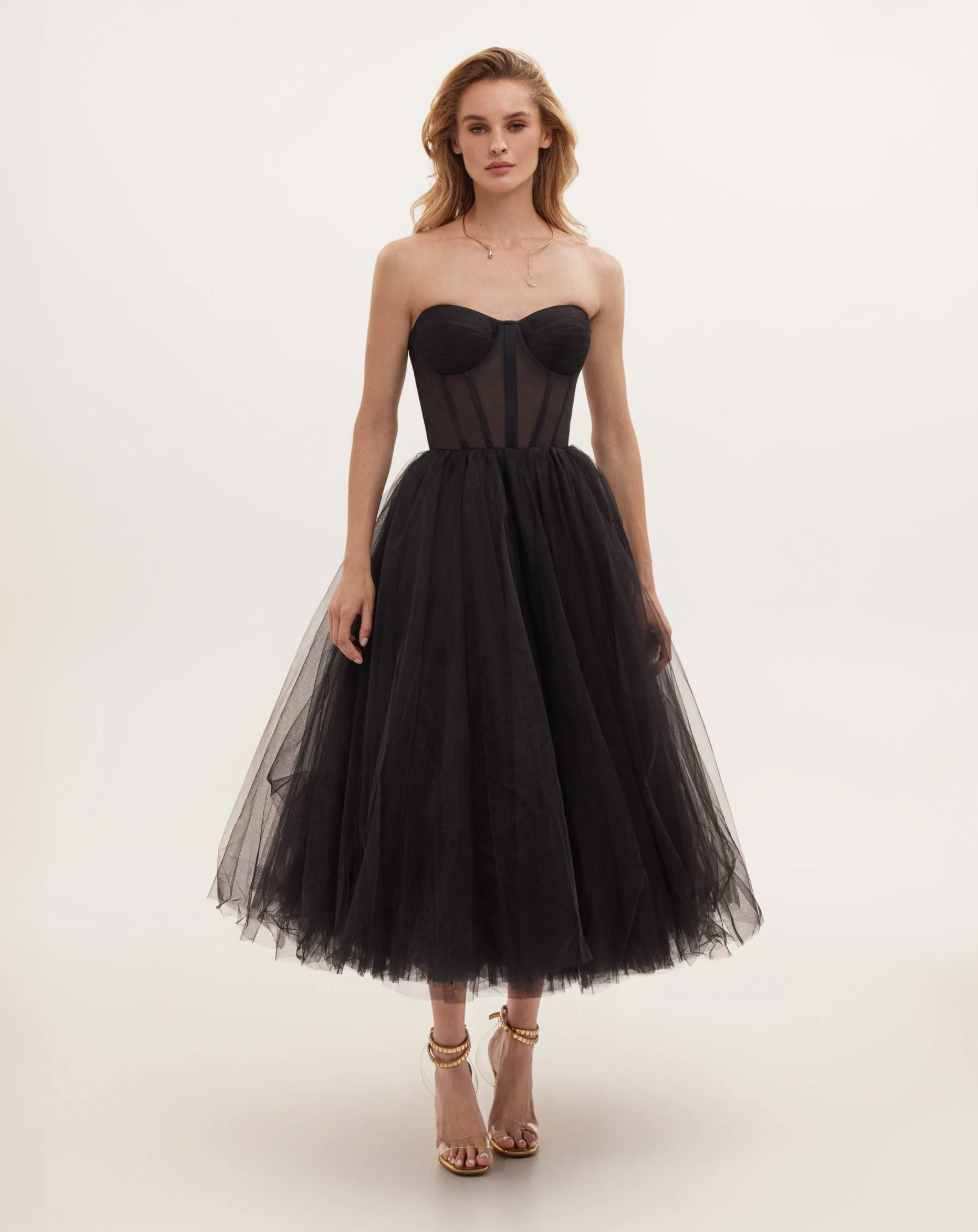 Milla Strapless Puffy Midi Tulle Dress
