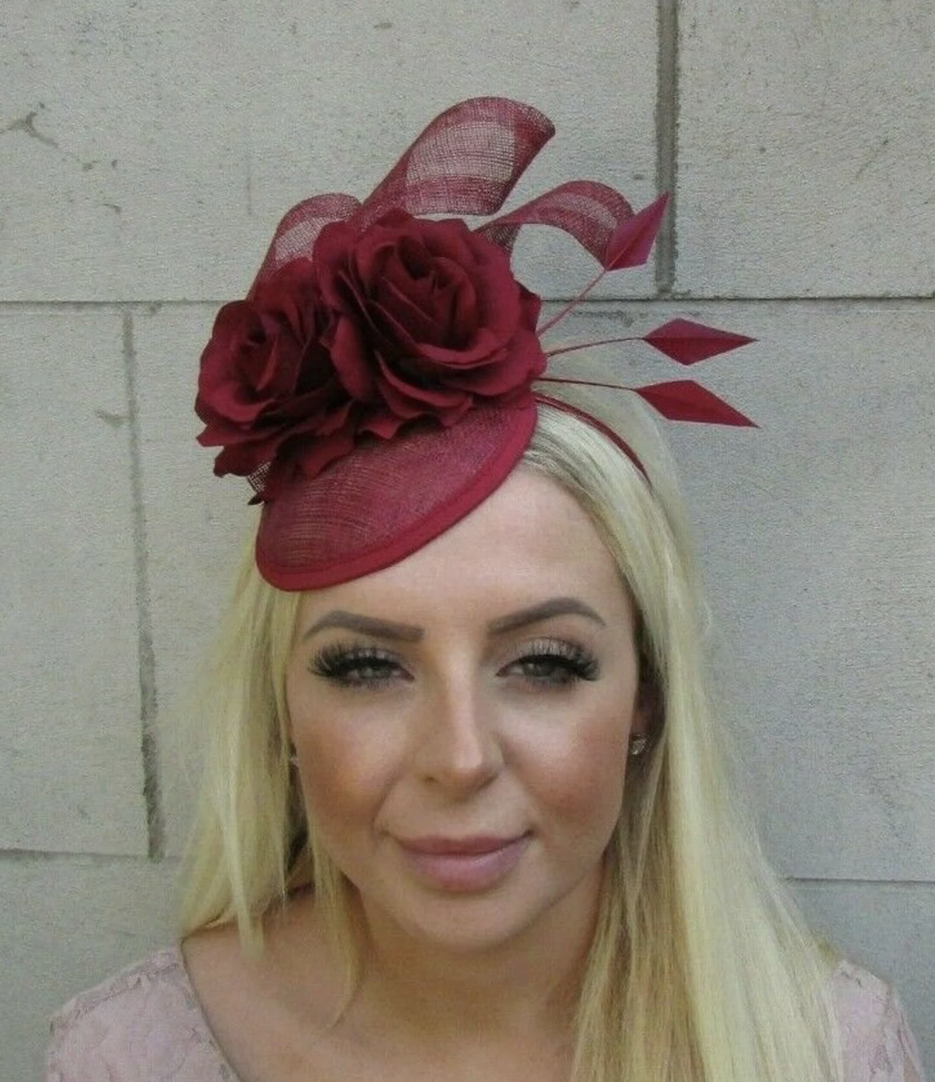 Starcrossed Beauty (via Etsy), Burgundy Wine Maroon Red Rose Flower Feather Hat
