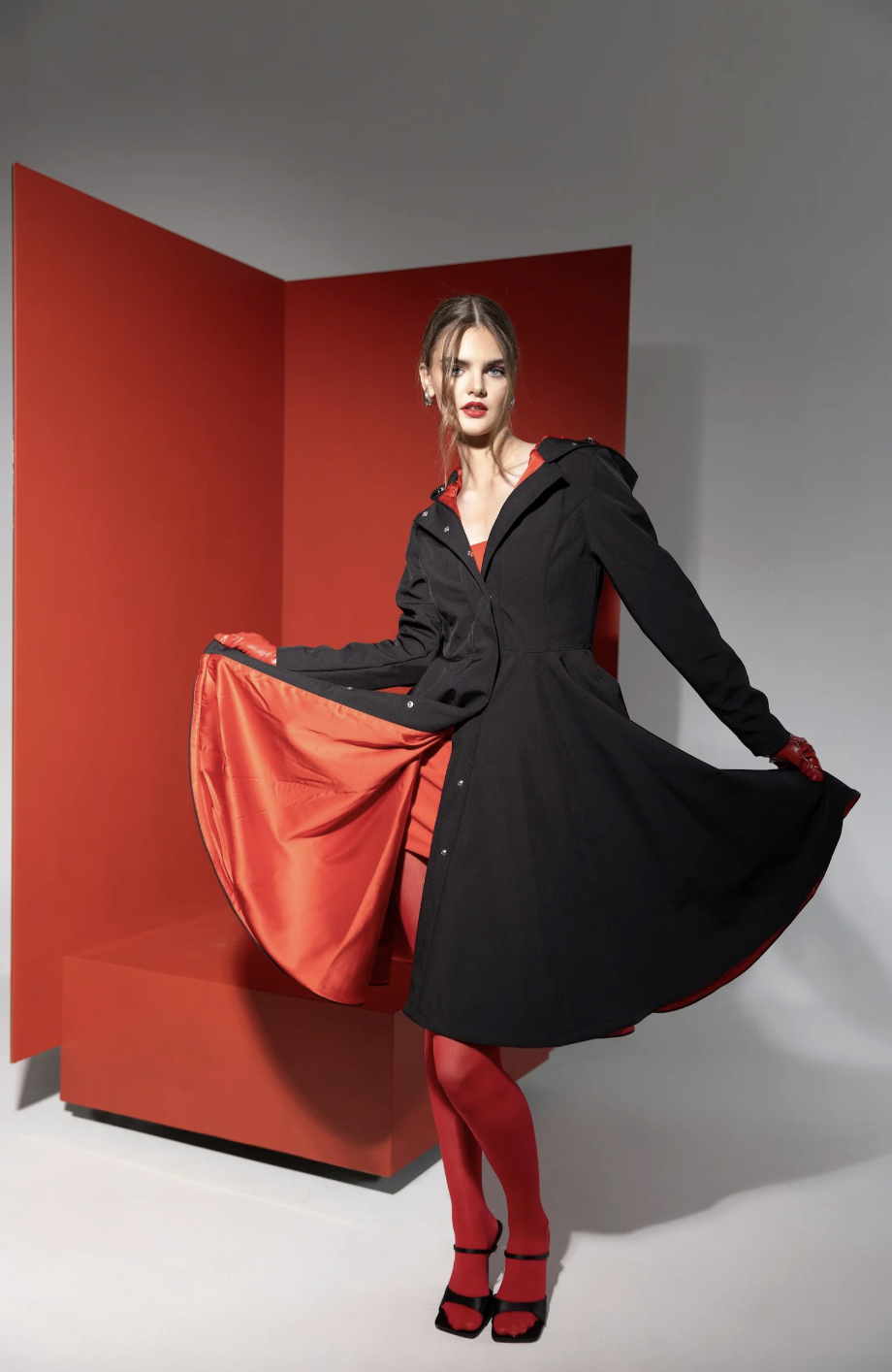RainSisters Fit and Flare Coat with Full Circle skirt in Black and Red