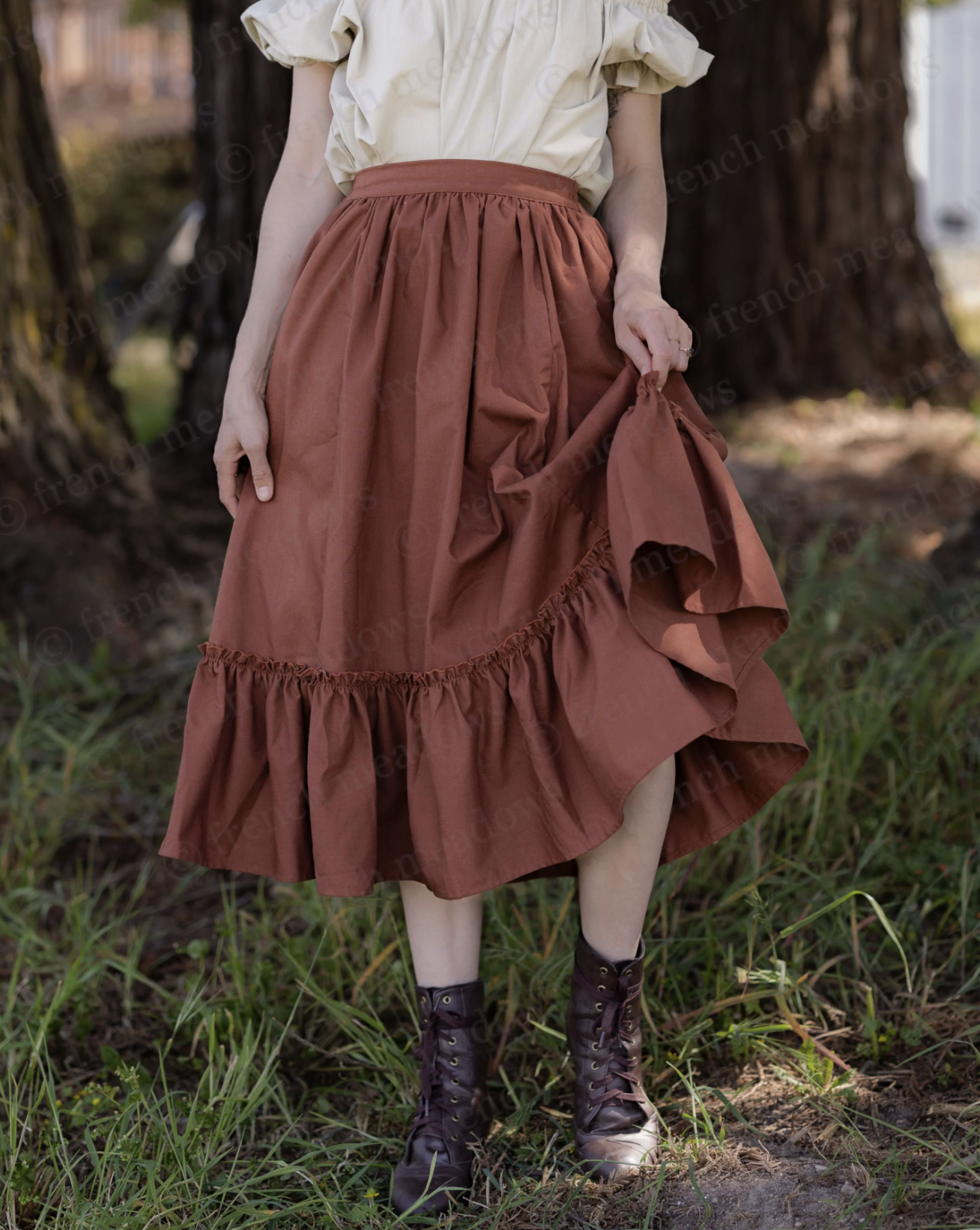 French Meadows Rust Linen Midi Skirt