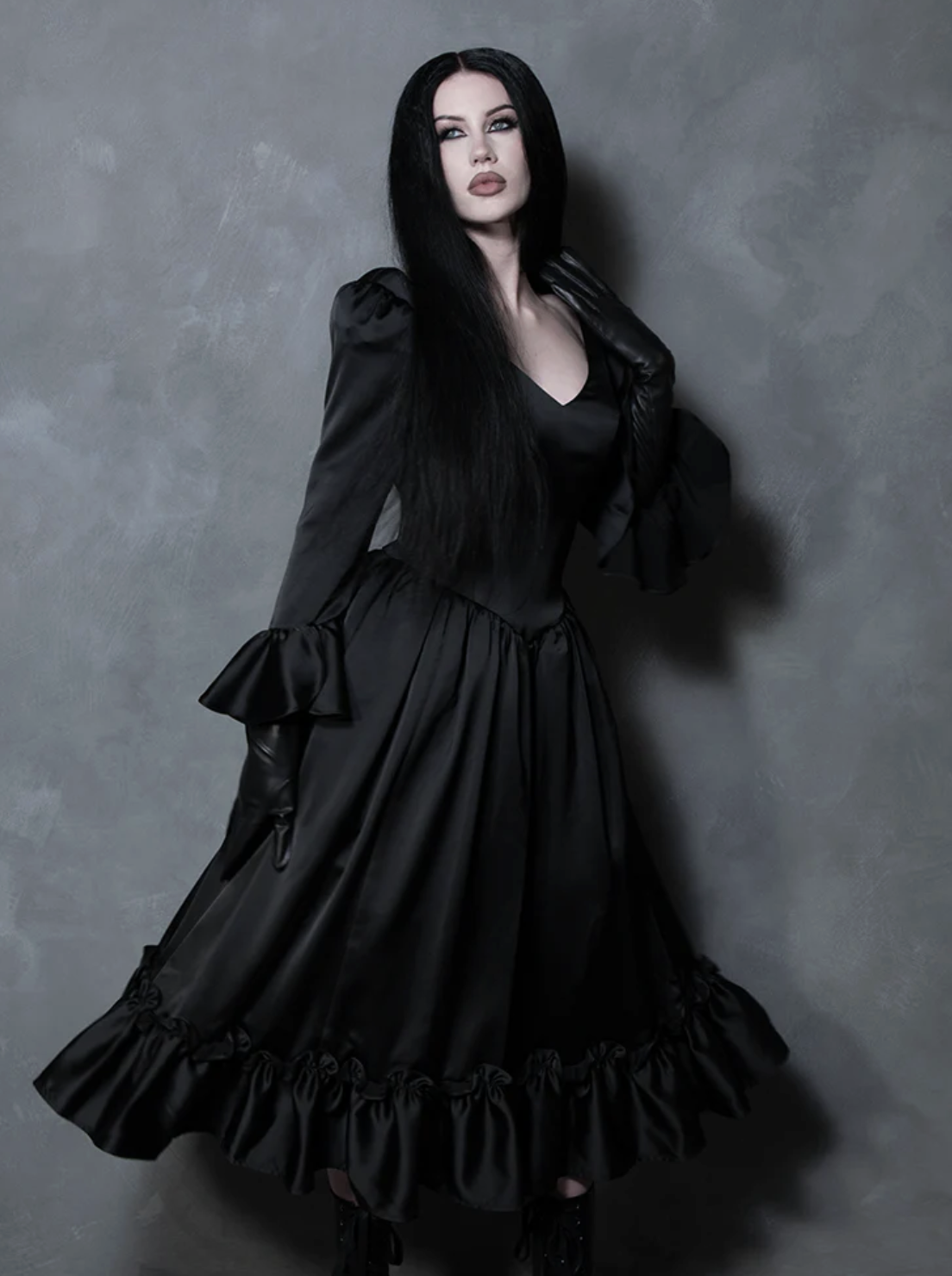 La Femme En Noir Dark Romance Satin Bustle Dress in Black