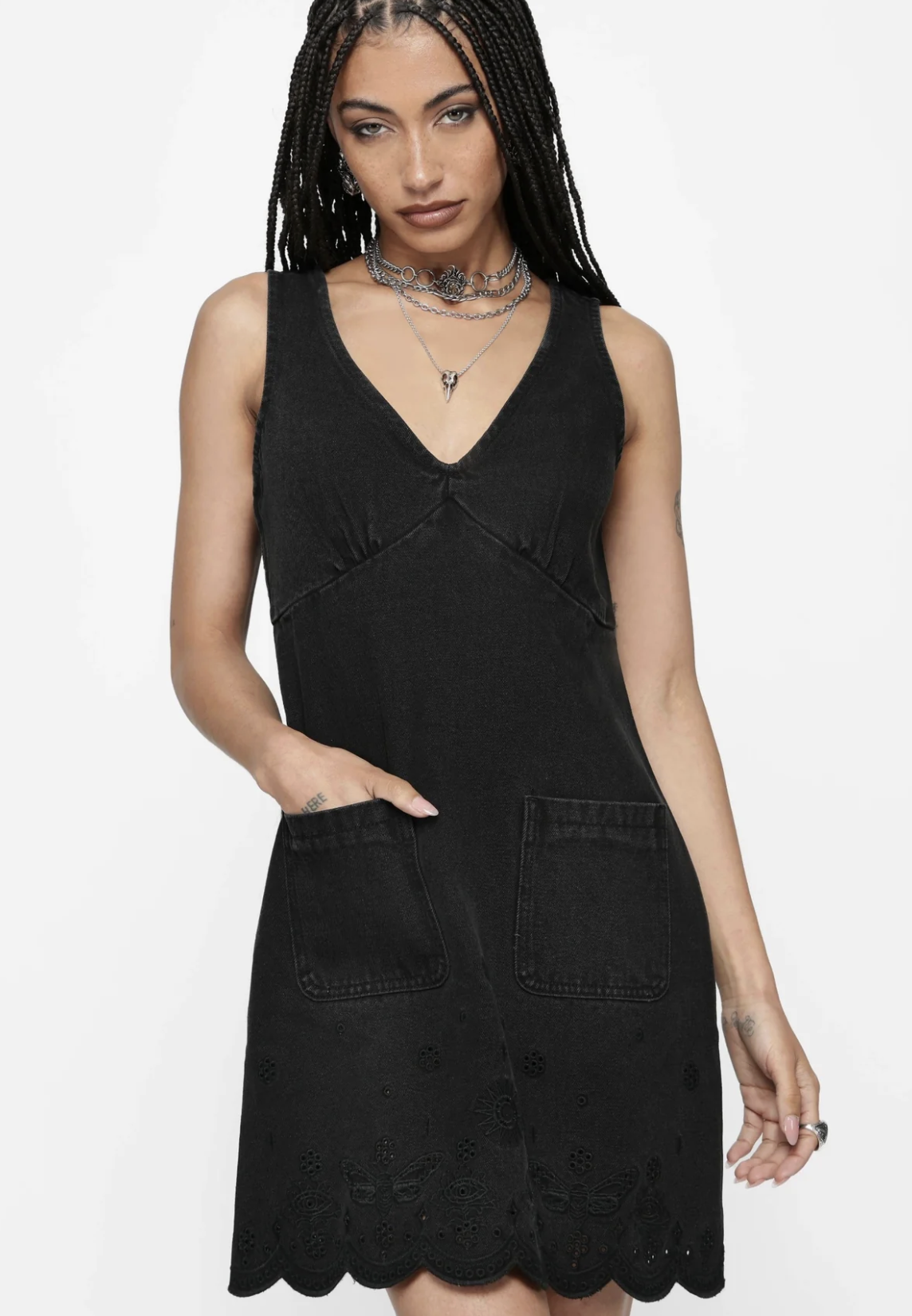 Disturbia Ayr Broderie Denim Pinafore Dress