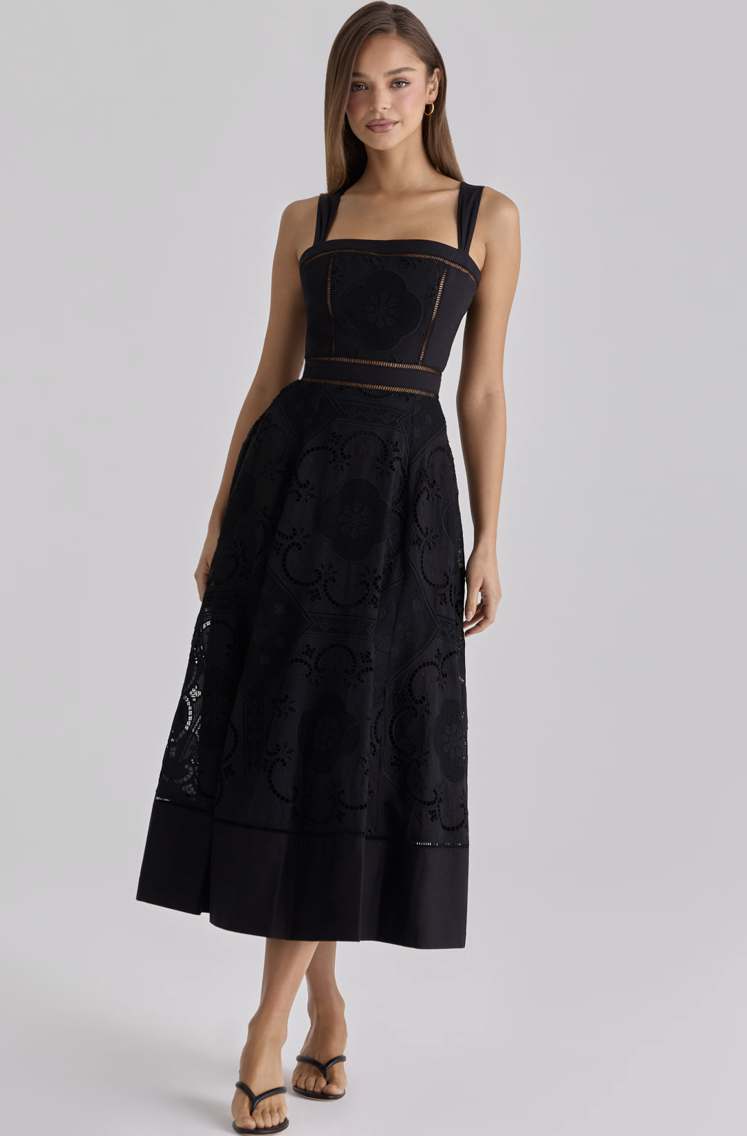 House of CB Ava Black Cotton Placement Broderie Anglaise Midi Dress