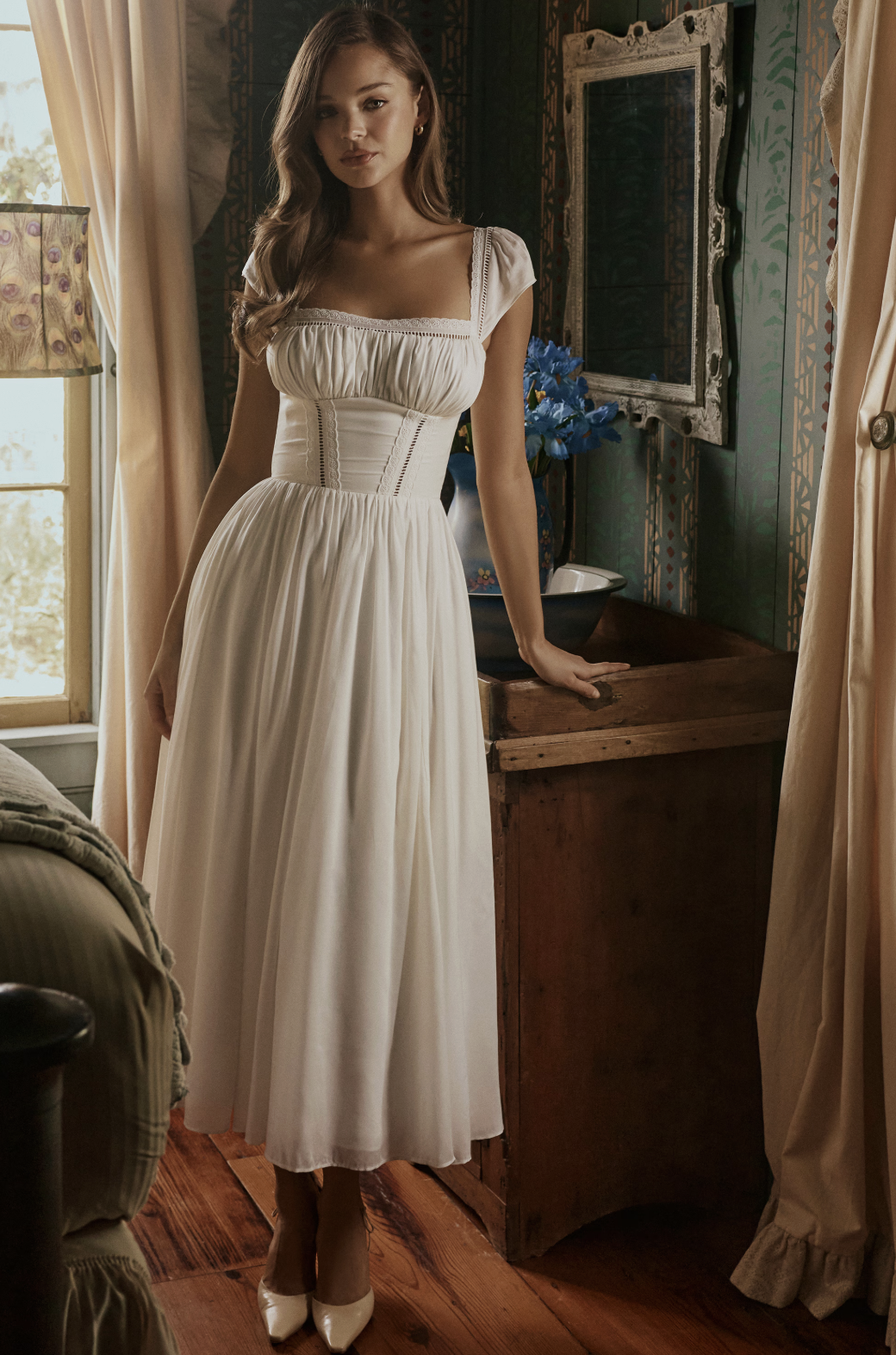 House of CB Thea White Voile + Broderie Anglais Maxi Dress