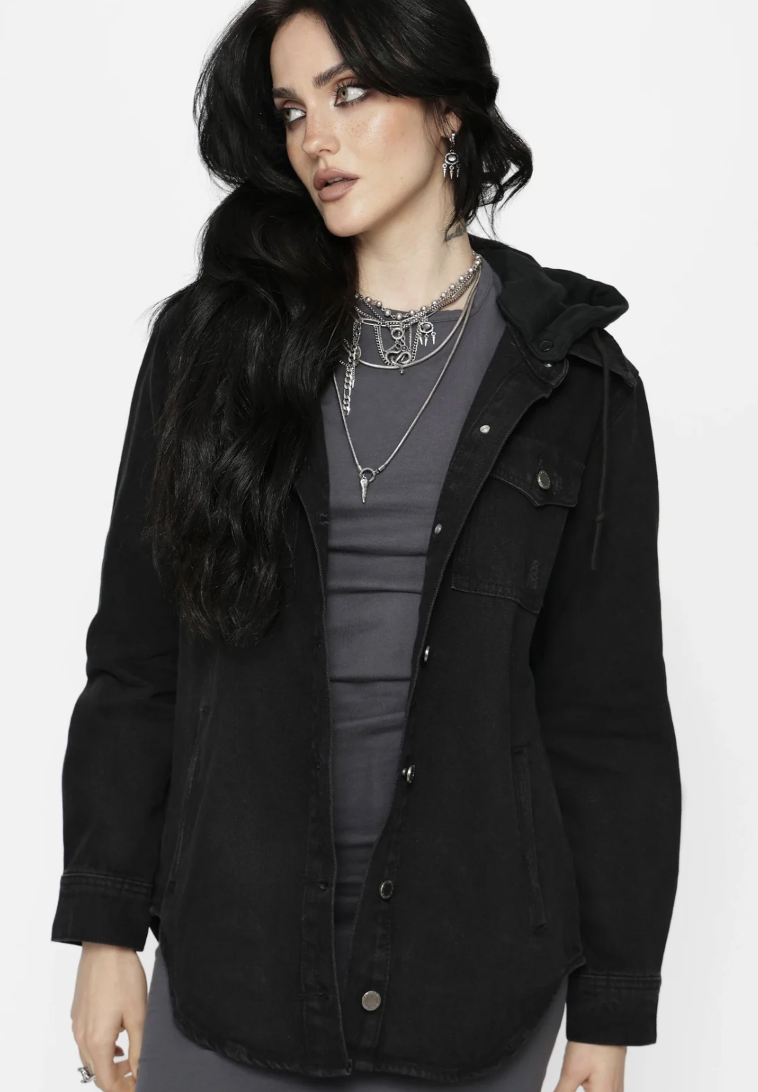 Disturbia Trellis Hooded Pocket Denim Shacket