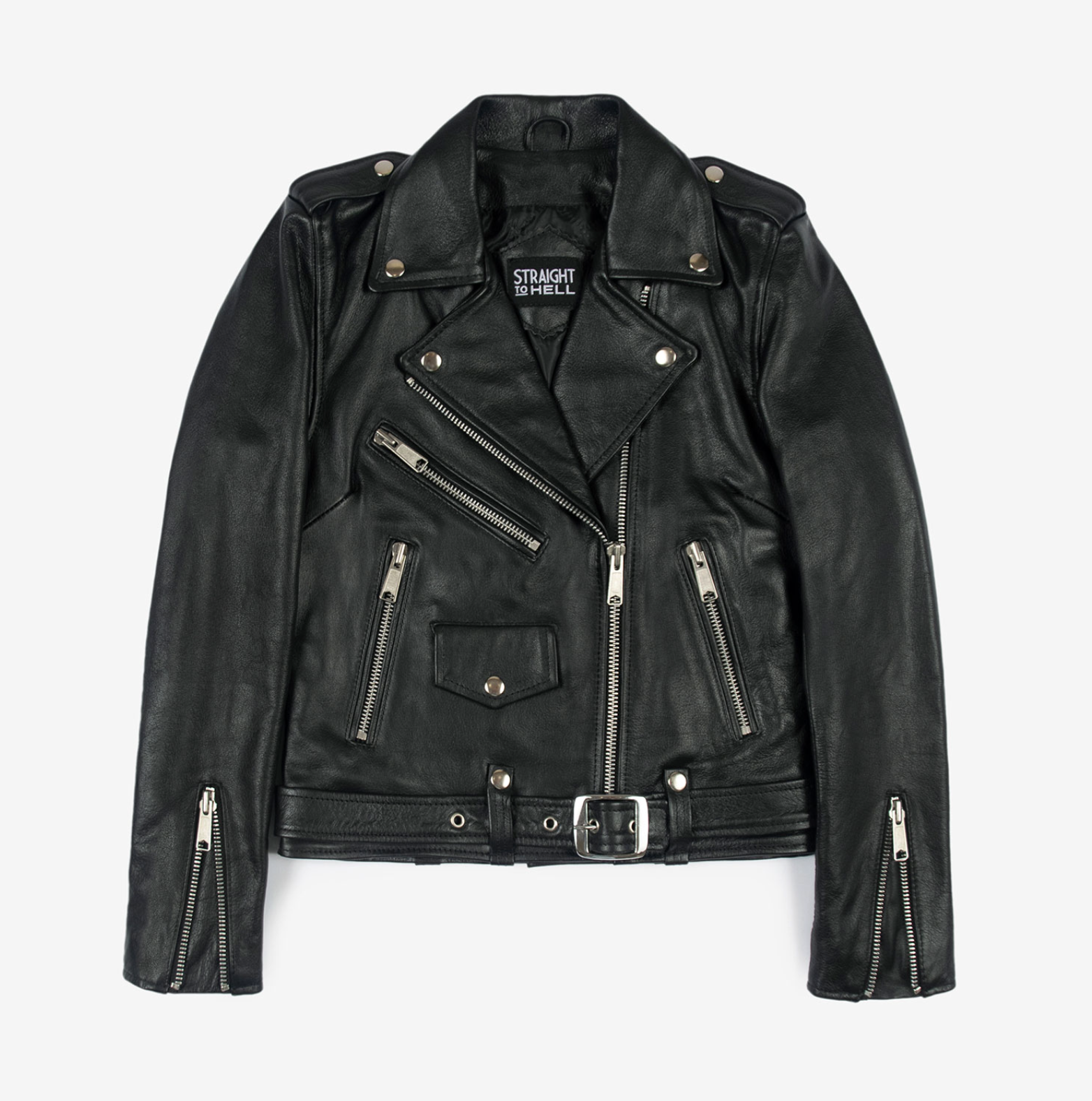 Straight to Hell Commando – Black and Silver Leather Jacket, Black Lining