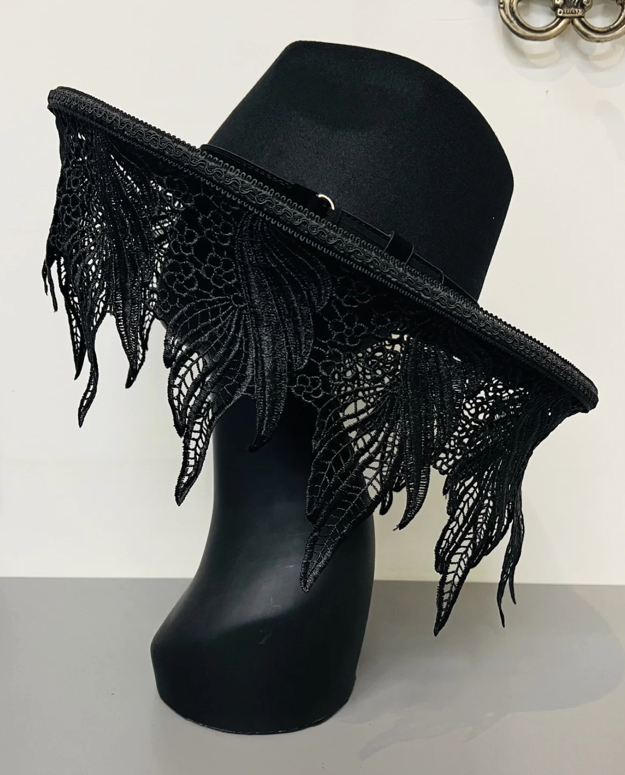 Witchwood, Vegan Felt Wide Brim Hat - Mourning Collection - Floral Fern Lace