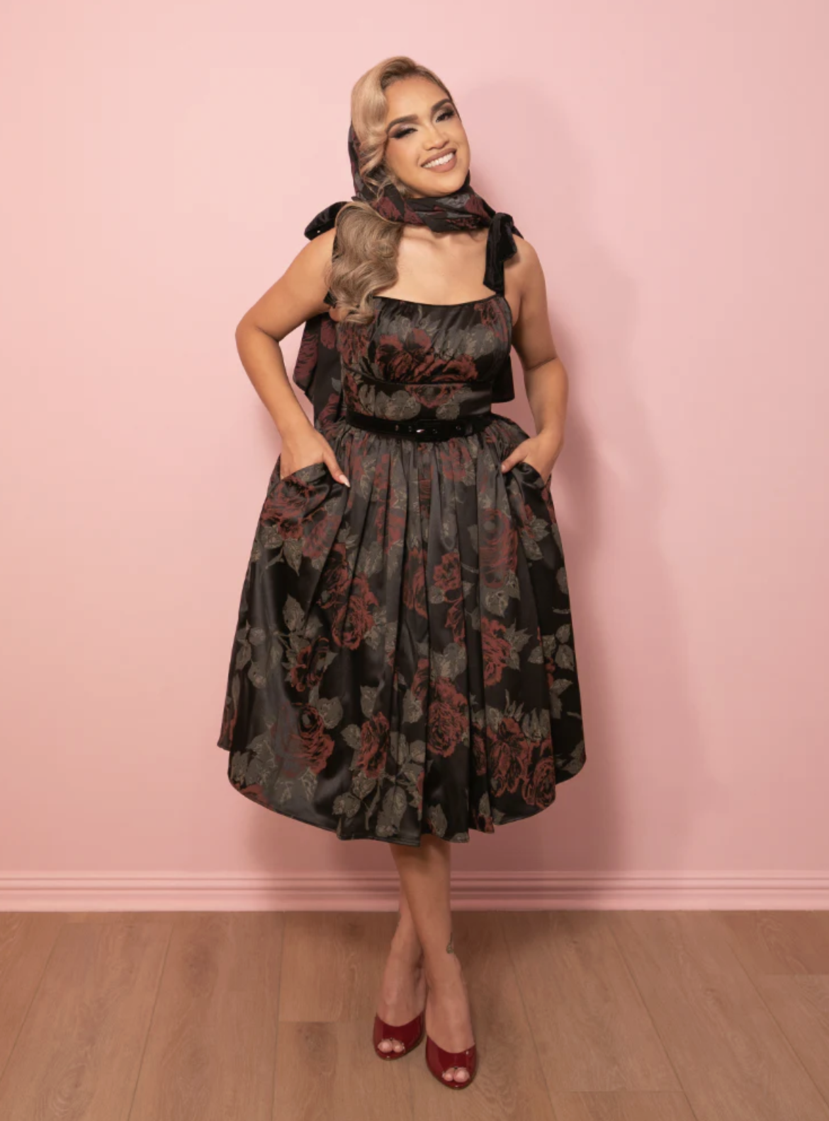 Vixen by Micheline Pitt, 1950s Satin Swing Sundress and Scarf in Black Vintage Roses 
