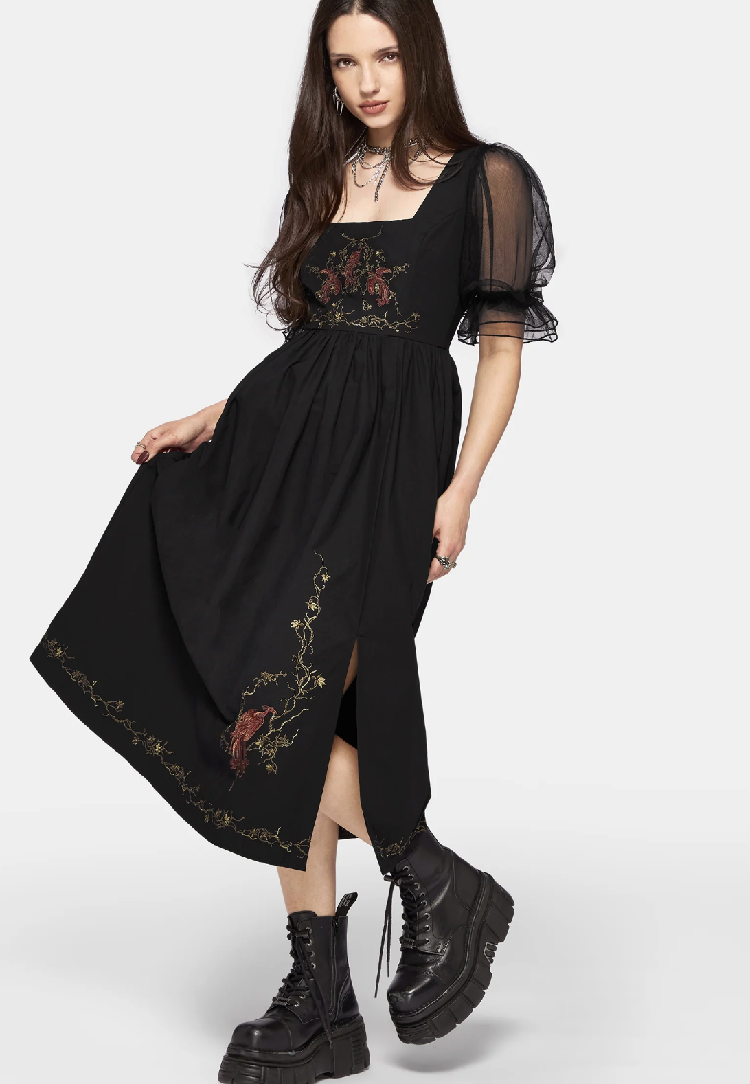 Disturbia, Phoenix Cotton Embroidered Puff Sleeve Midi Dress