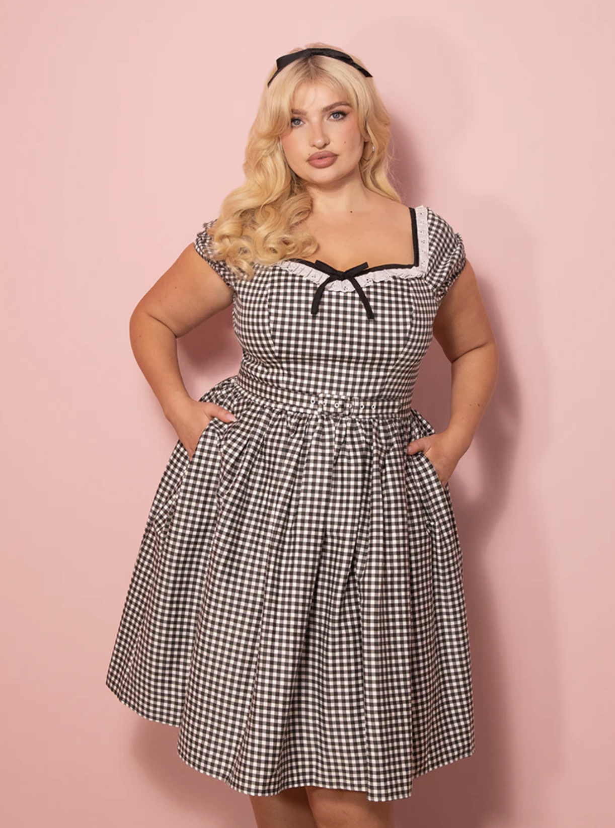Vixen by Micheline Pitt, Bardot Beauty Swing Dress in Black Gingham