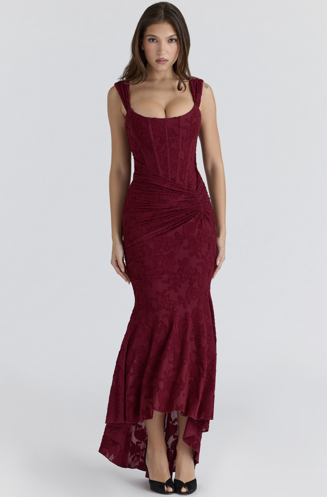 House of CB, Cesca Wine Floral Lace Corset Maxi Dress