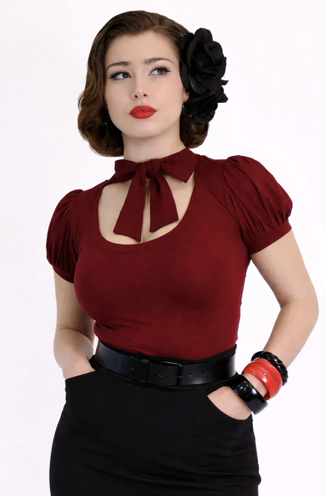Bonsai Kitten Dark Red Short Sleeve Pussybow Top