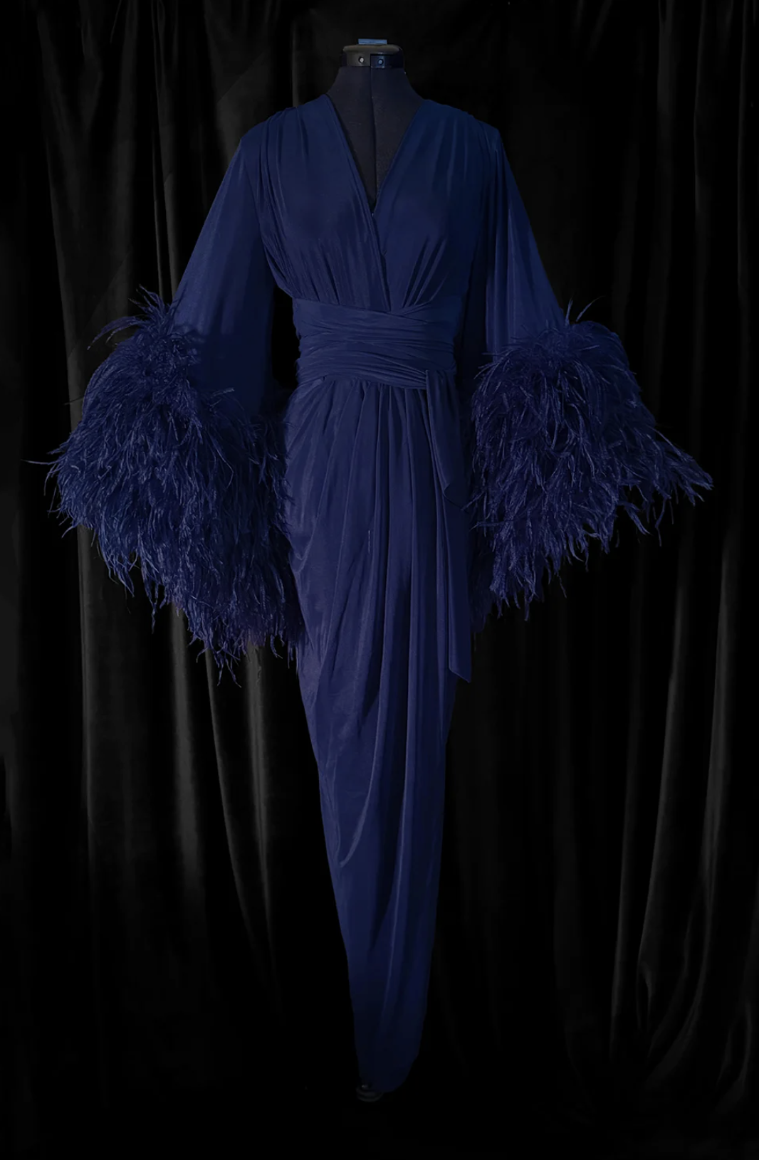 Catherine D'Lish Deep Blue Sheer "Selene" Ostrich Dressing Gown