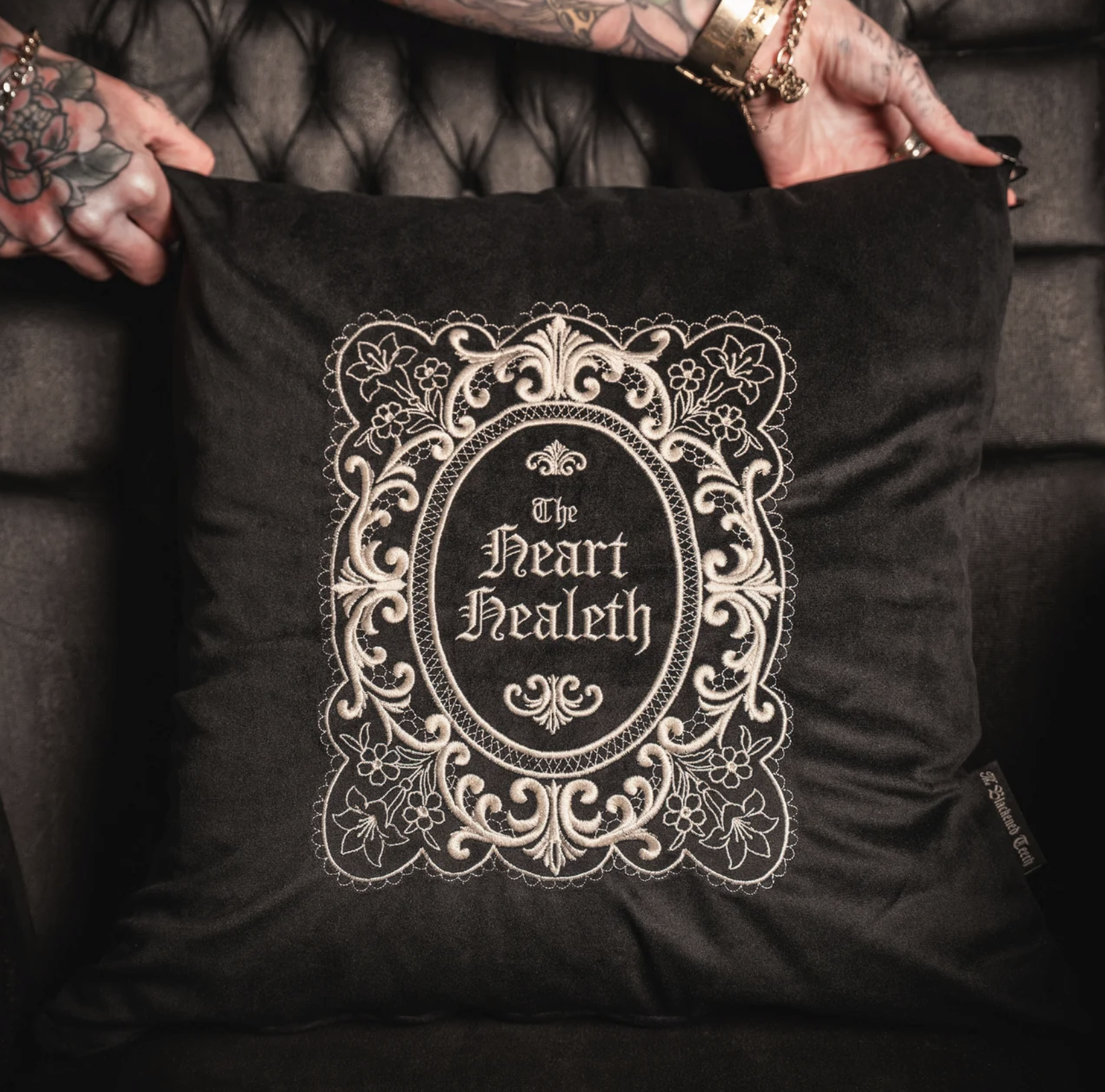 The Blackened Teeth, The Heart Healeth Embroidered Velvet Cushion