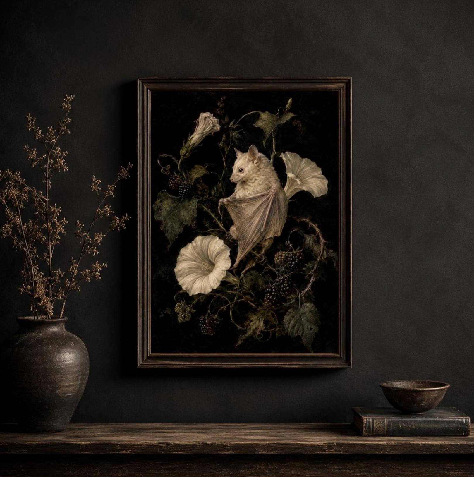 BriarHerbarium (via Etsy), Pale Bat Blackberry Moonflower Wall Art