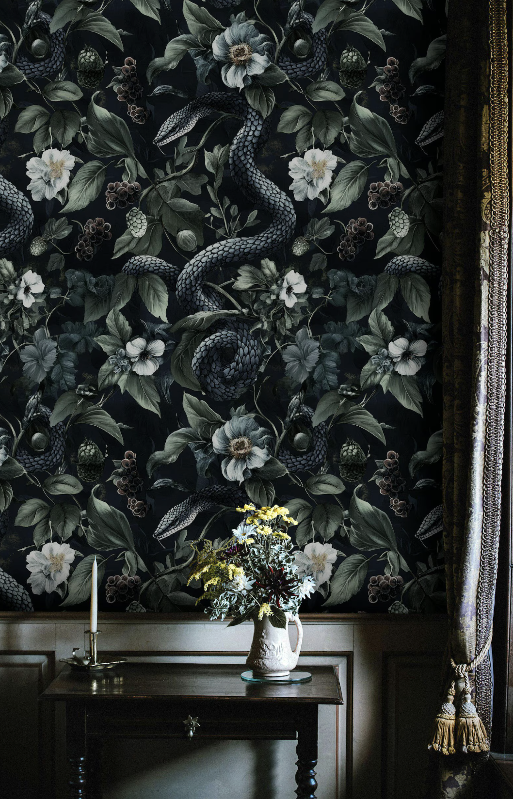 Foreverwall (via Etsy), Dark Botanical Wallpaper with Serpentine Design