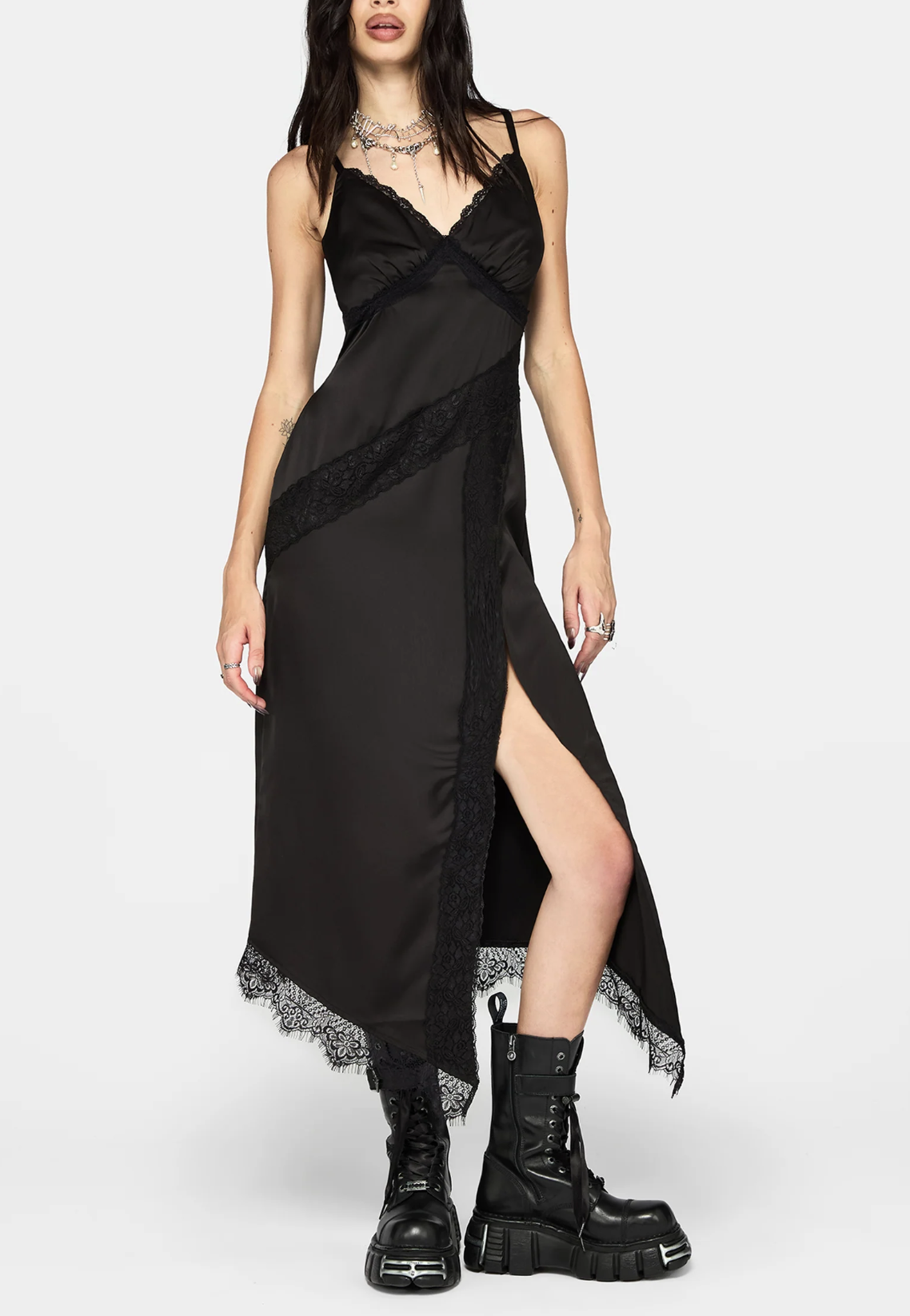 Disturbia, Tova Lace Trim Asymmetric Midaxi Dress
