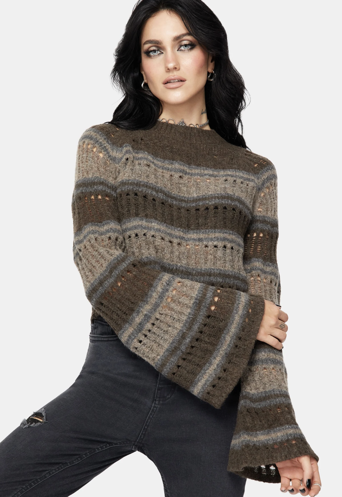 Disturbia, Splinter Stripe Knit Flare Sleeve Crop Jumper