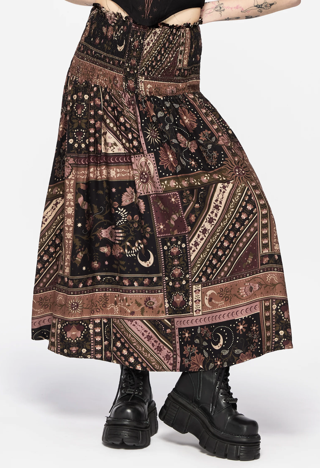 Disturbia, Nola Folk Patchwork Print Shirred Midi Skirt