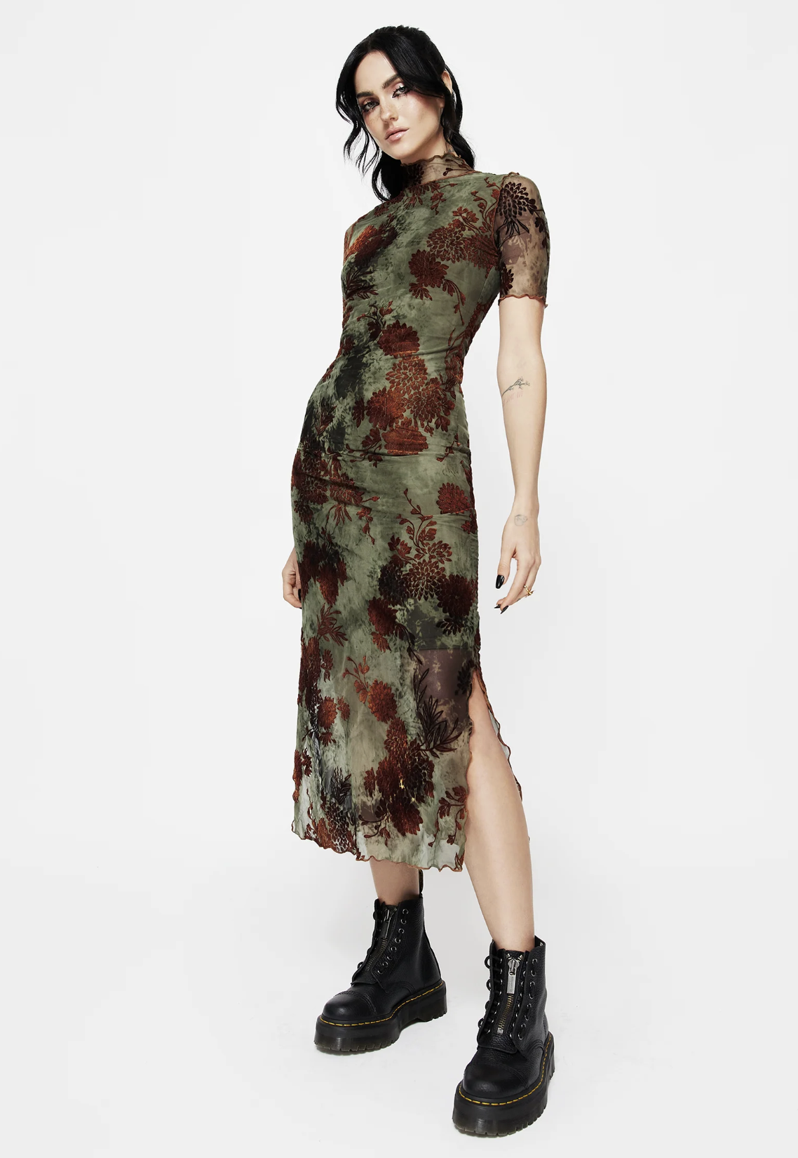 Disturbia, Rosaleigh Flock Velour Mesh Short Sleeved Midaxi Dress