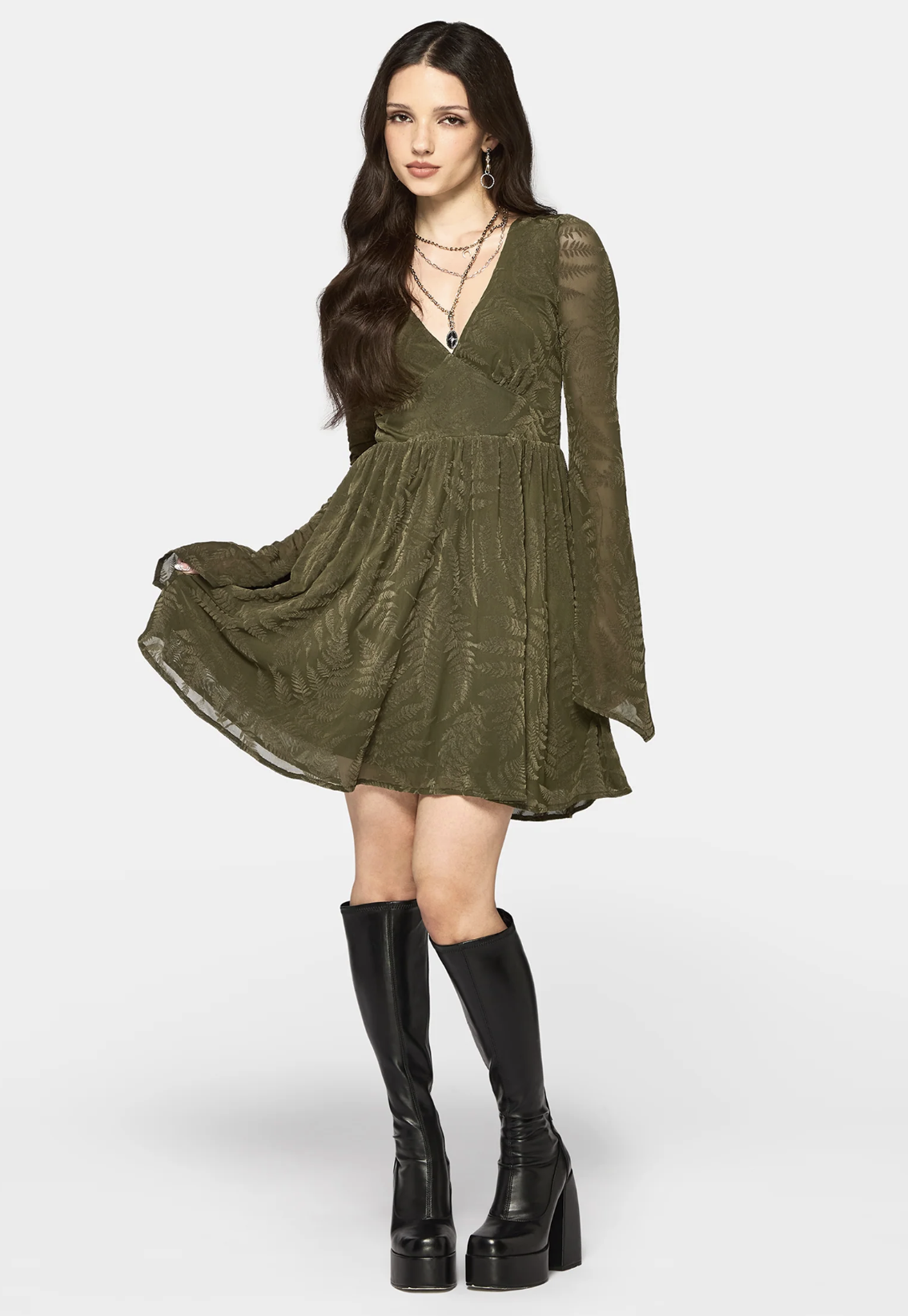 Disturbia, Lunafern Flocked Fern Flute Sleeve Mini Dress