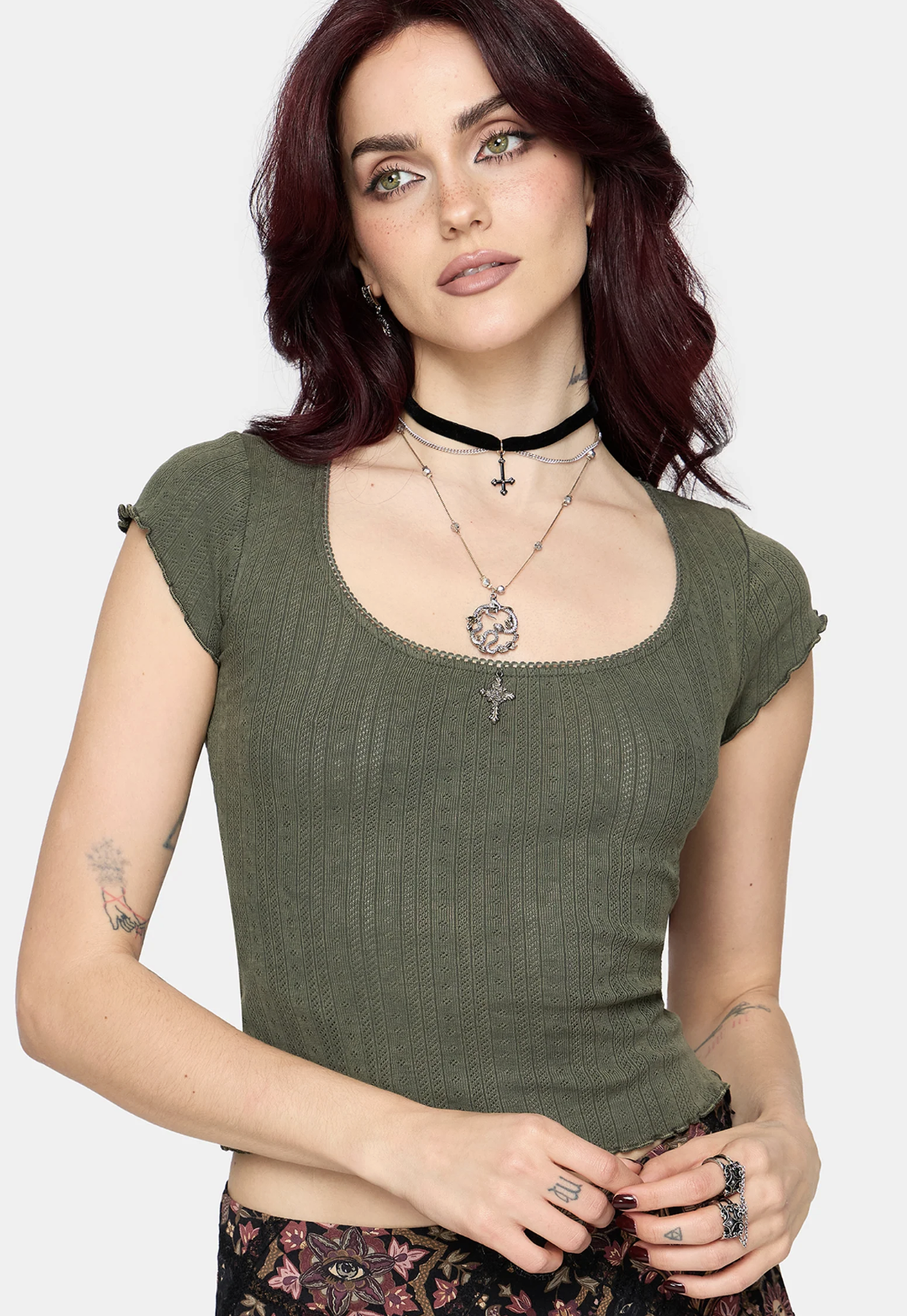 Disturbia, Lucera Short Sleeve Pointelle Scoop Neck Top