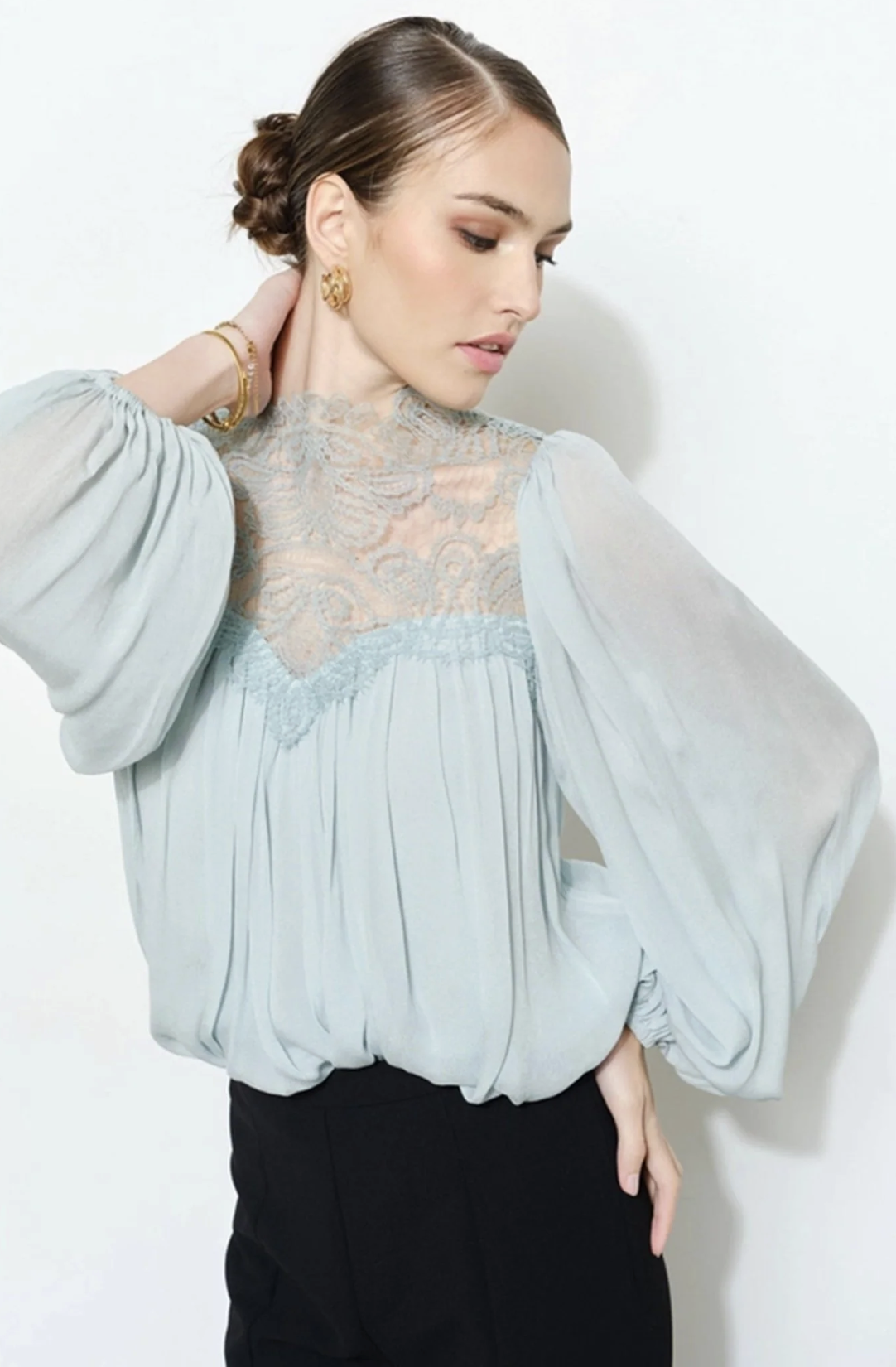 Unique Vintage Light Blue Lace Mock Neck Blouse