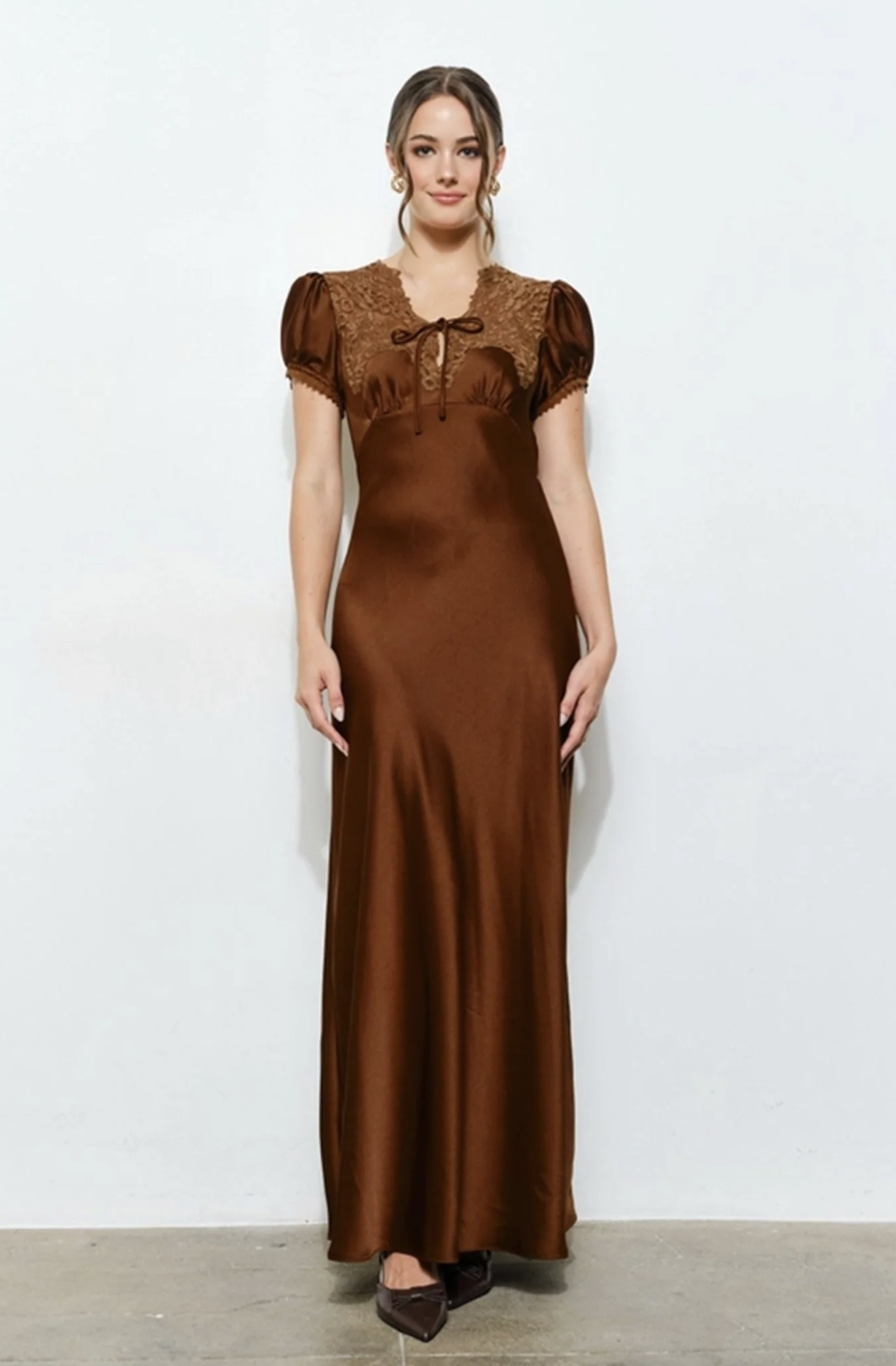 Unique Vintage Brown Satin &amp; Lace Maxi Dress