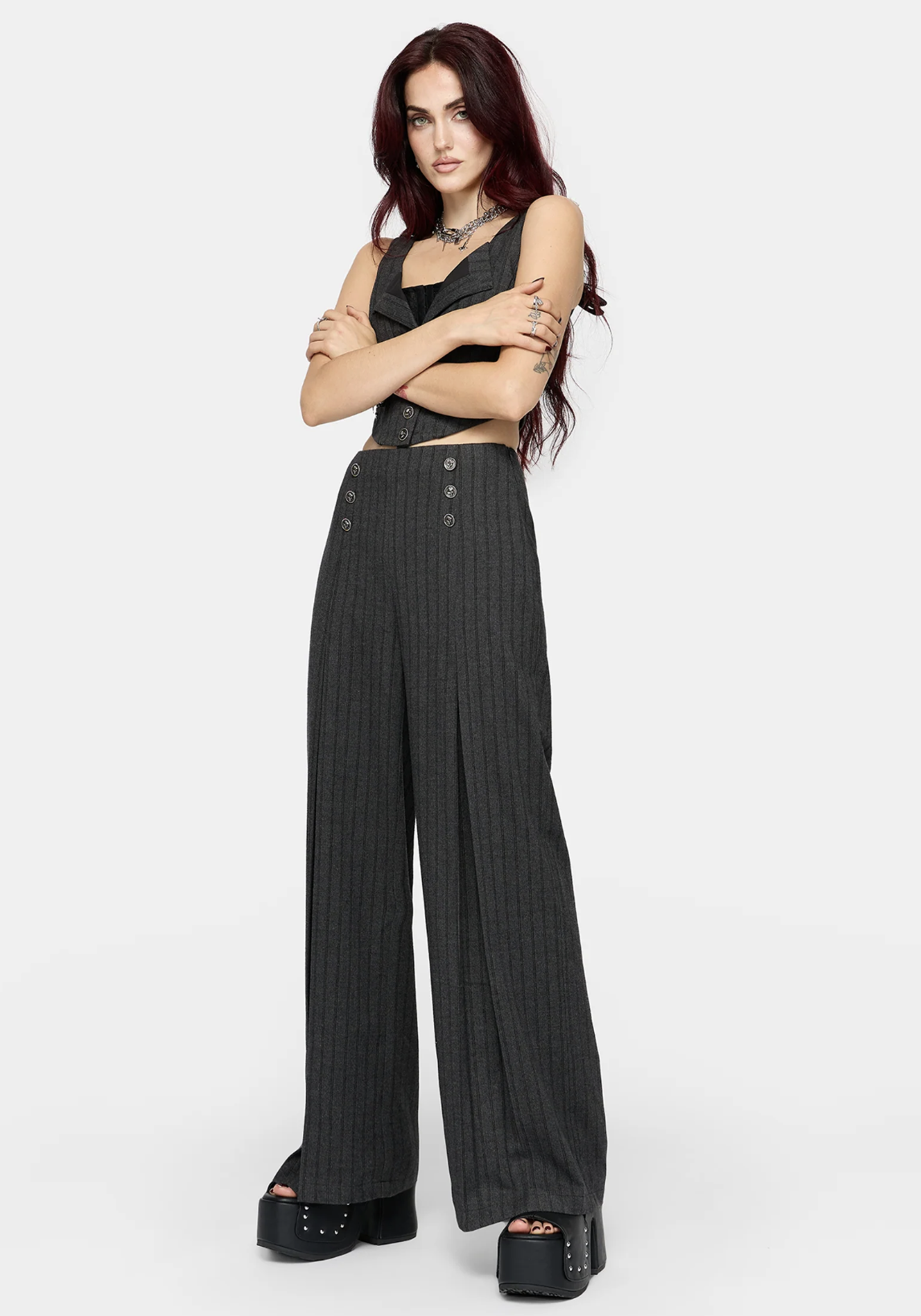 Disturbia Blair Pinstripe High Waist Tailored Trouser