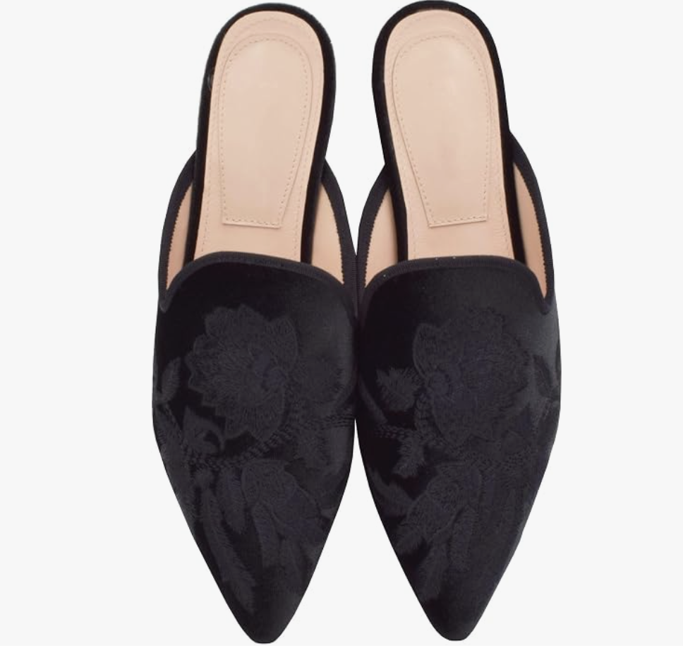 Fericzot Women's Velvet Backless Pointed Toe Slip On Loafers