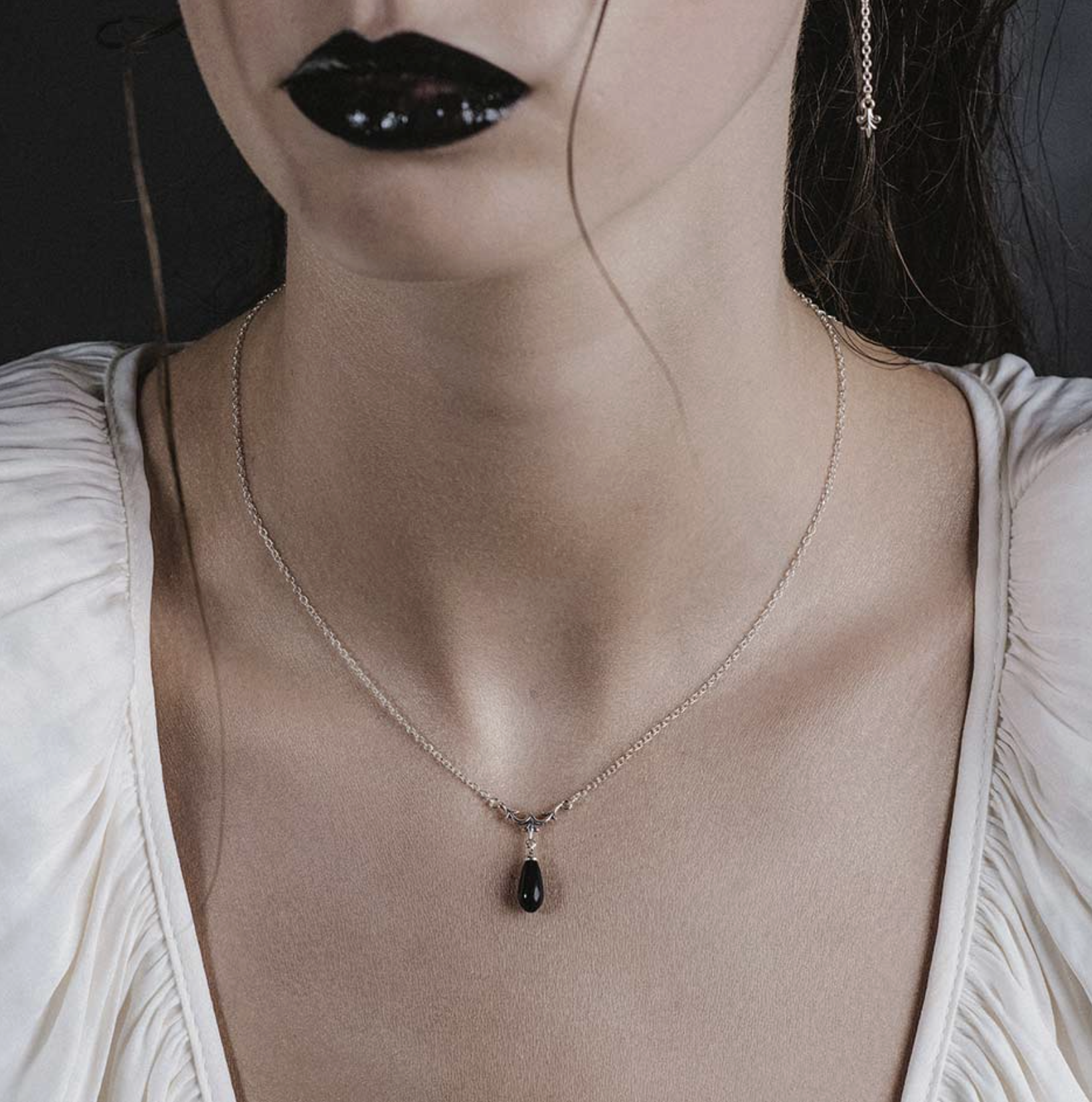 Regal Rose LISETTE. Heraldic Lily Black Glass Droplet Necklace