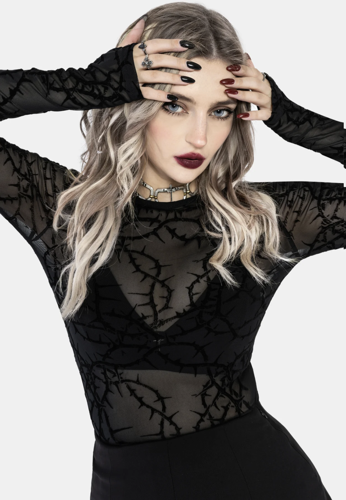 Disturbia Prickle Thorn Print Mesh Long Sleeve Top