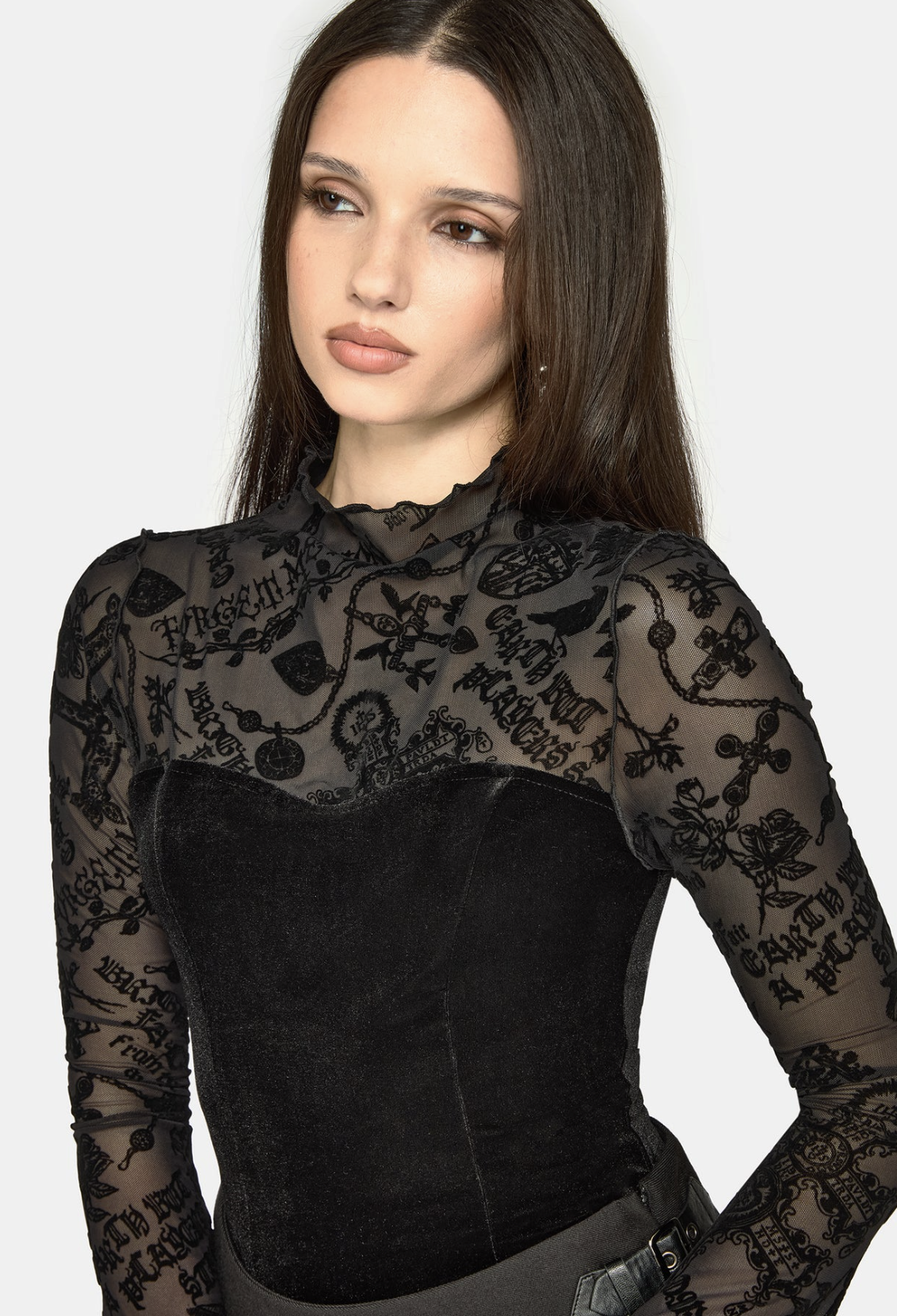 Disturbia Sanct Flocked Velour Bodysuit