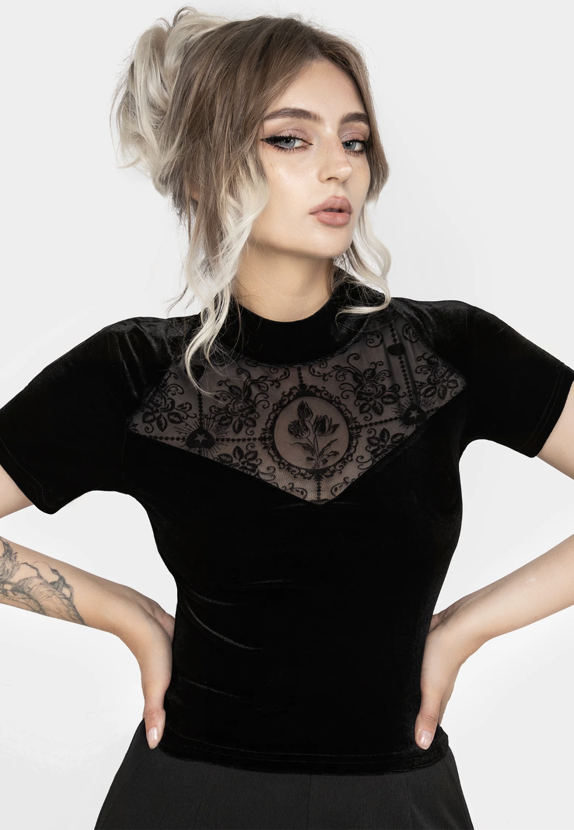 Disturbia Cameo Floral Flocked Mesh Velour High Neck Top