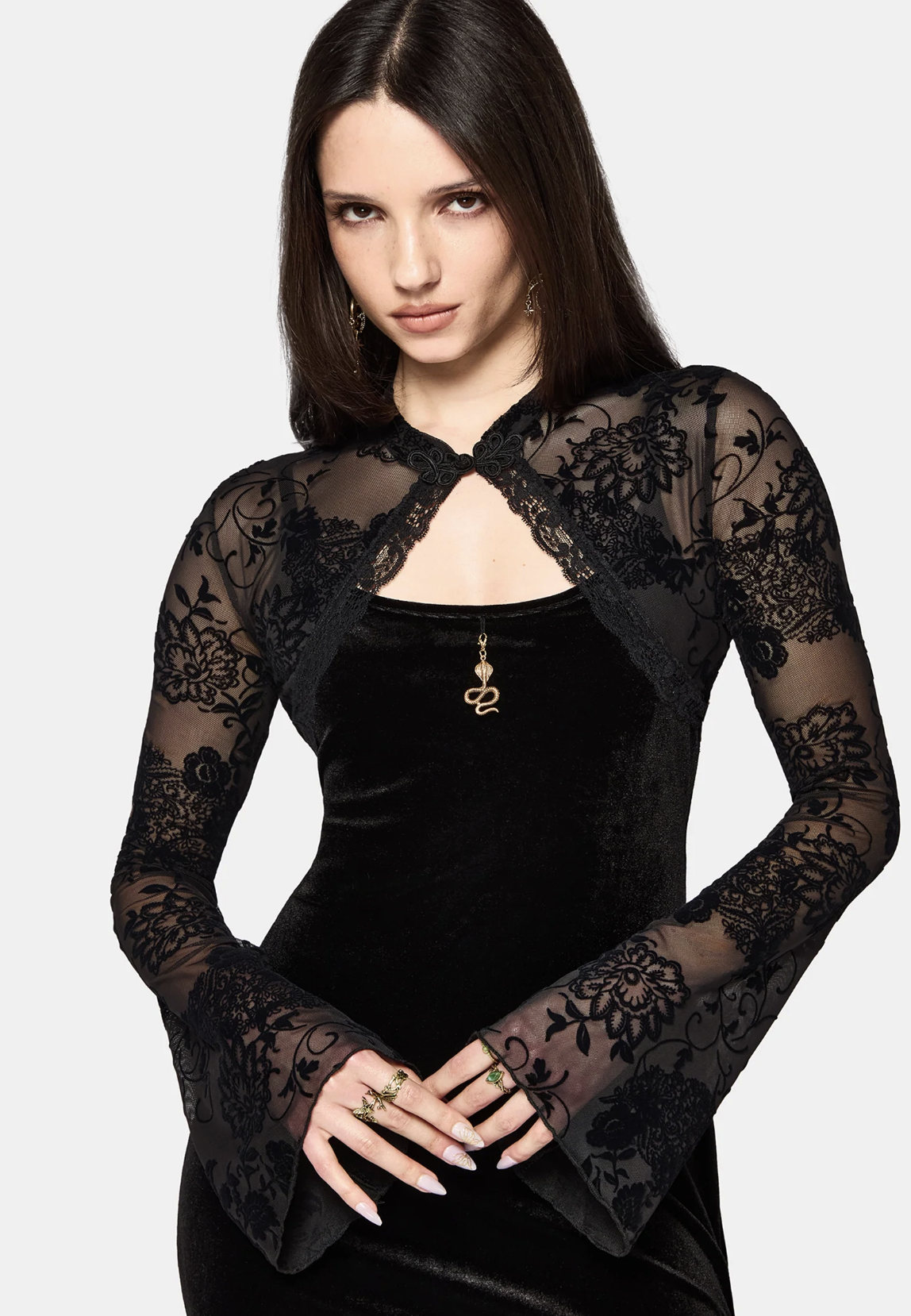 Disturbia Void Bloom Flocked Mesh Shrug Top