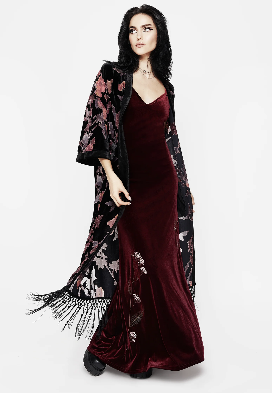 Disturbia Waterlily Burnout Fringe Trim Longline Kimono