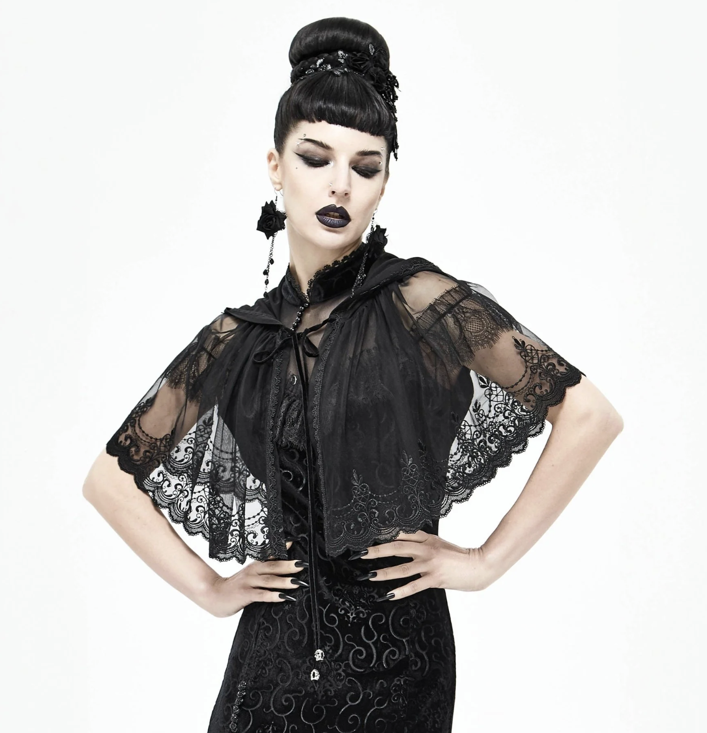Unique Vintage Black Lace Hooded Cape