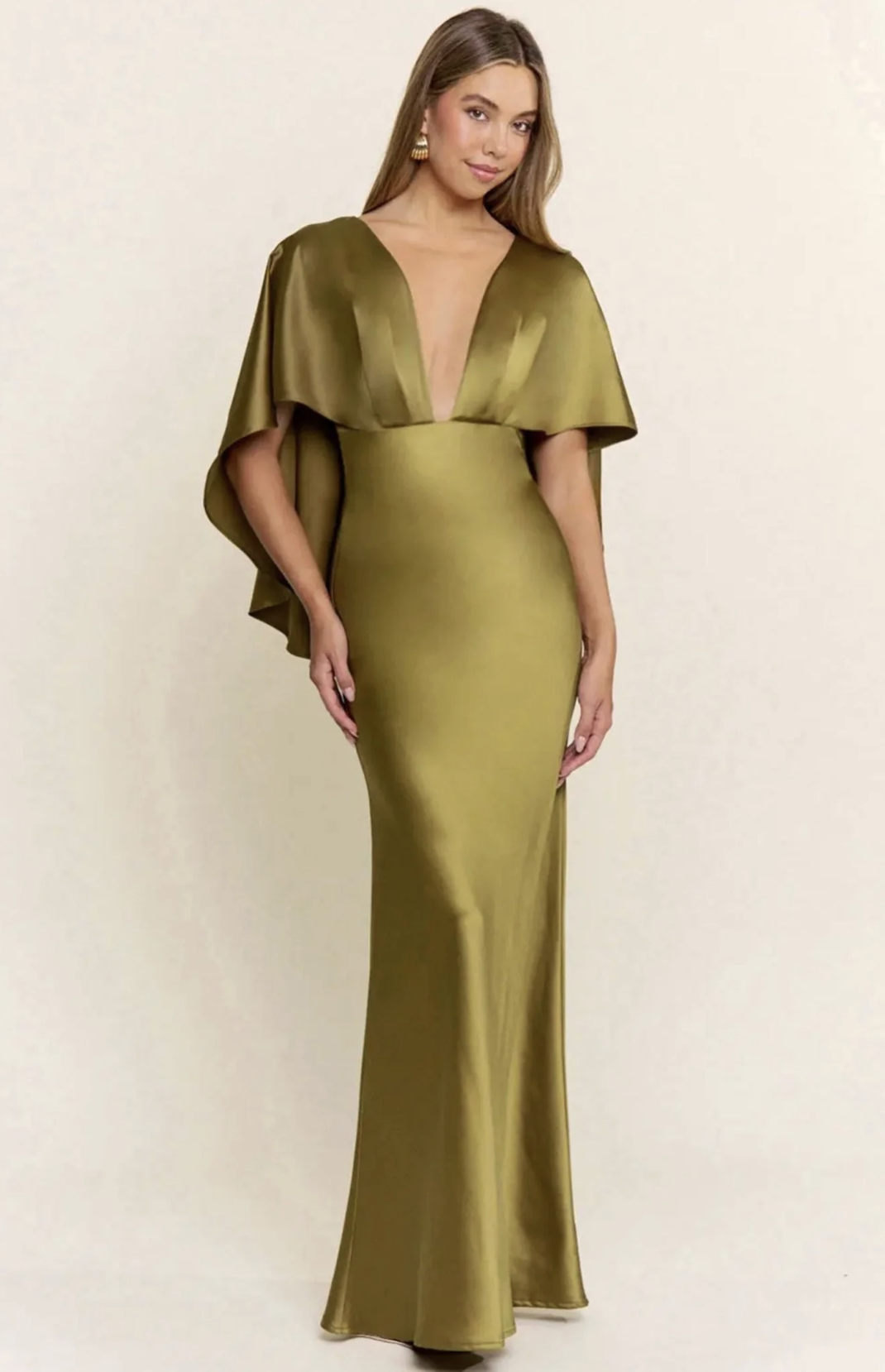 Unique Vintage Olive Cape Sleeve Deep Neckline Maxi Dress